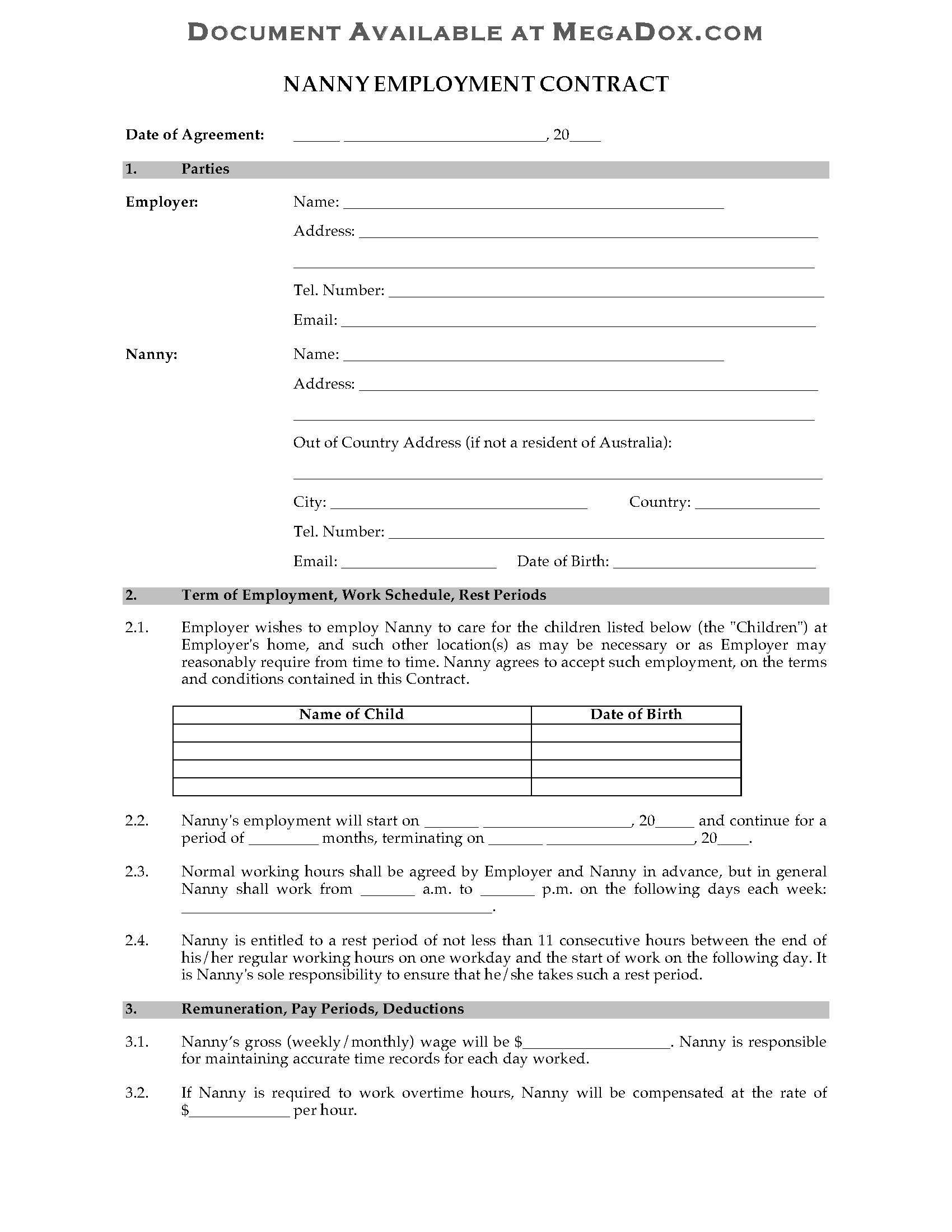 Australia Nanny Employment Contract For Nanny Contract Template Word