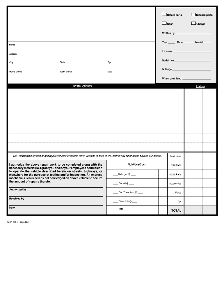 Automotive Work Order Template – Fill Online, Printable Pertaining To Mechanics Job Card Template