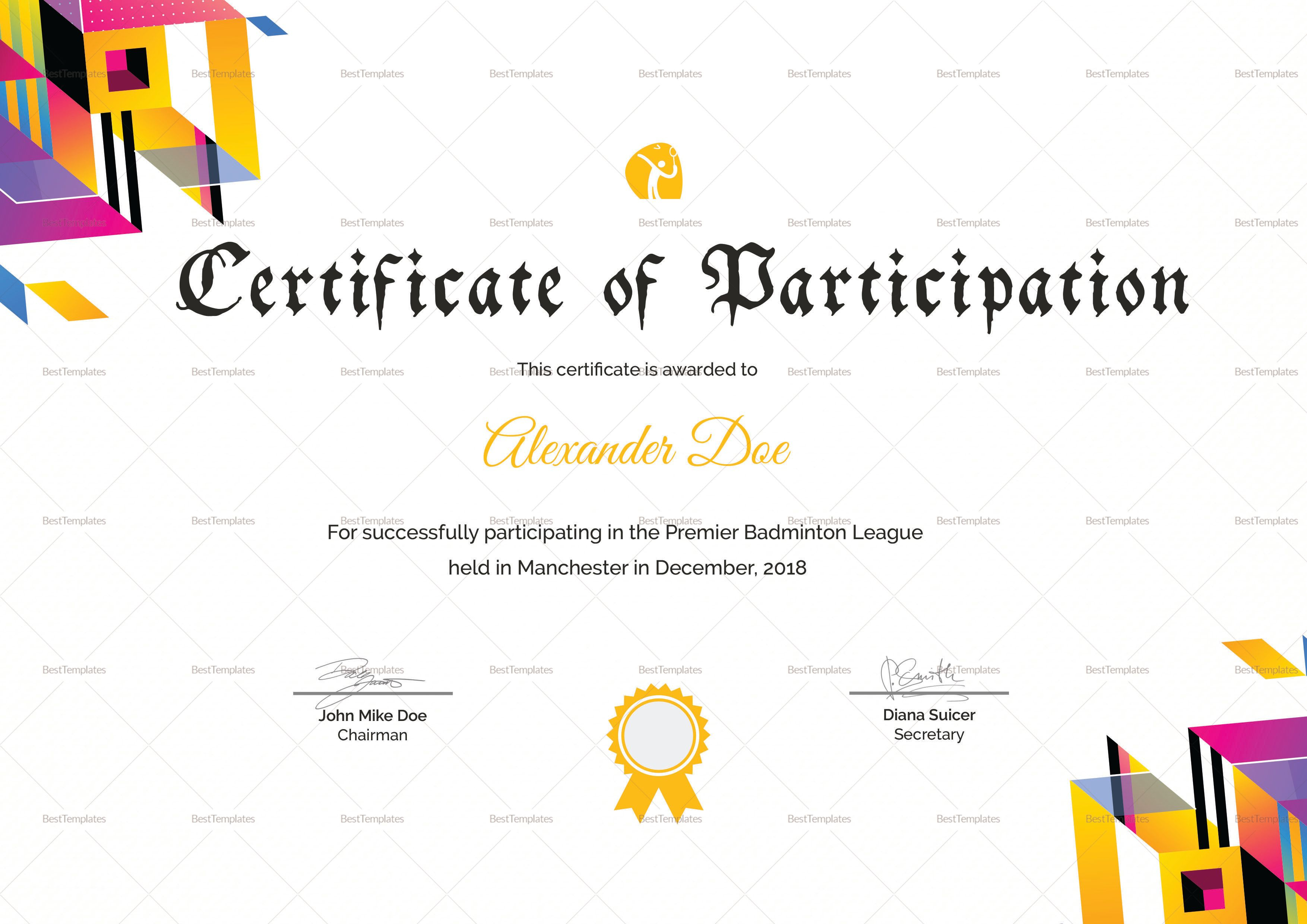Badminton Participation Certificate Template | Worj Throughout Basketball Camp Certificate Template