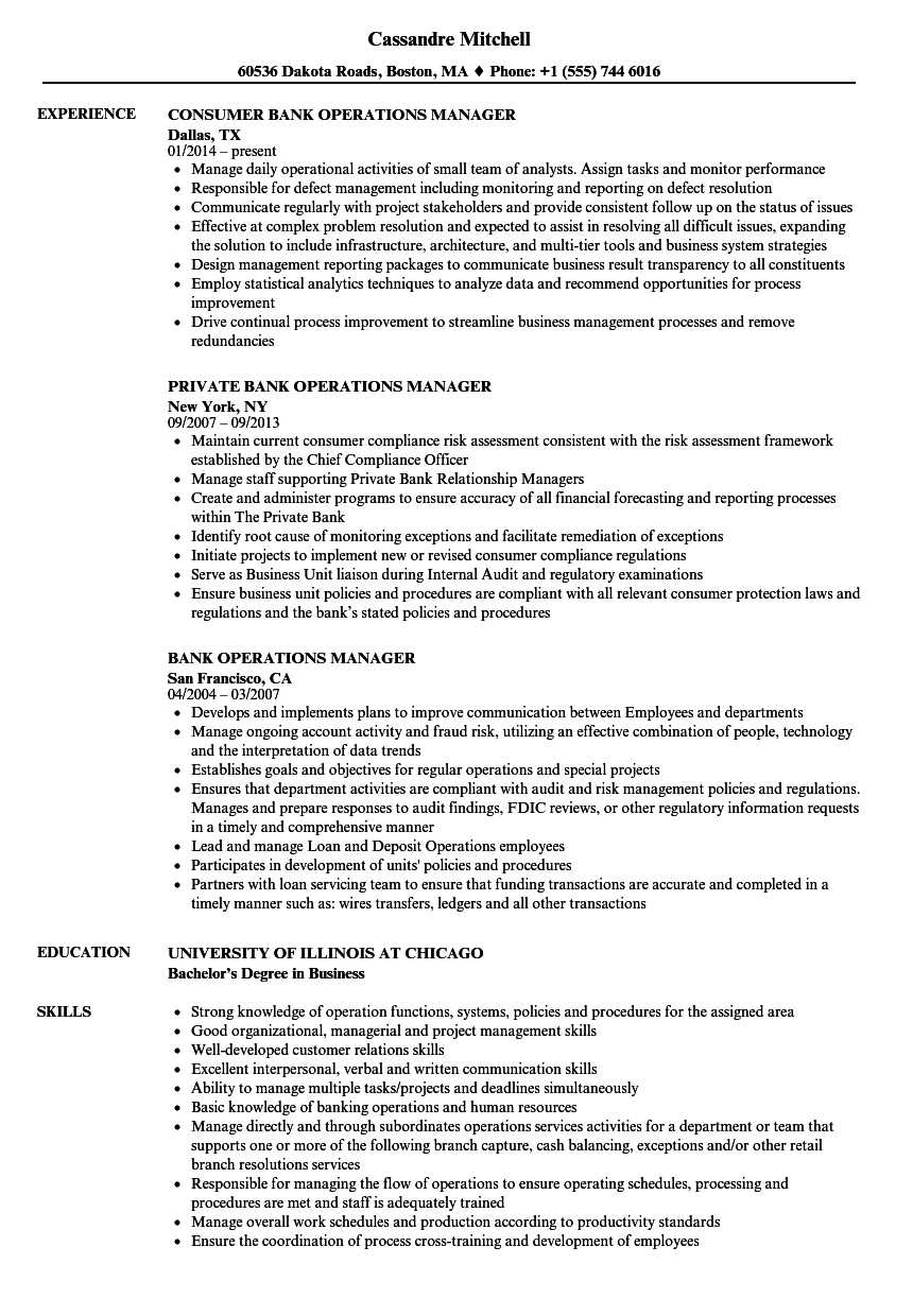 Bank Operations Manager Resume Samples | Velvet Jobs Throughout Operations Manager Report Template