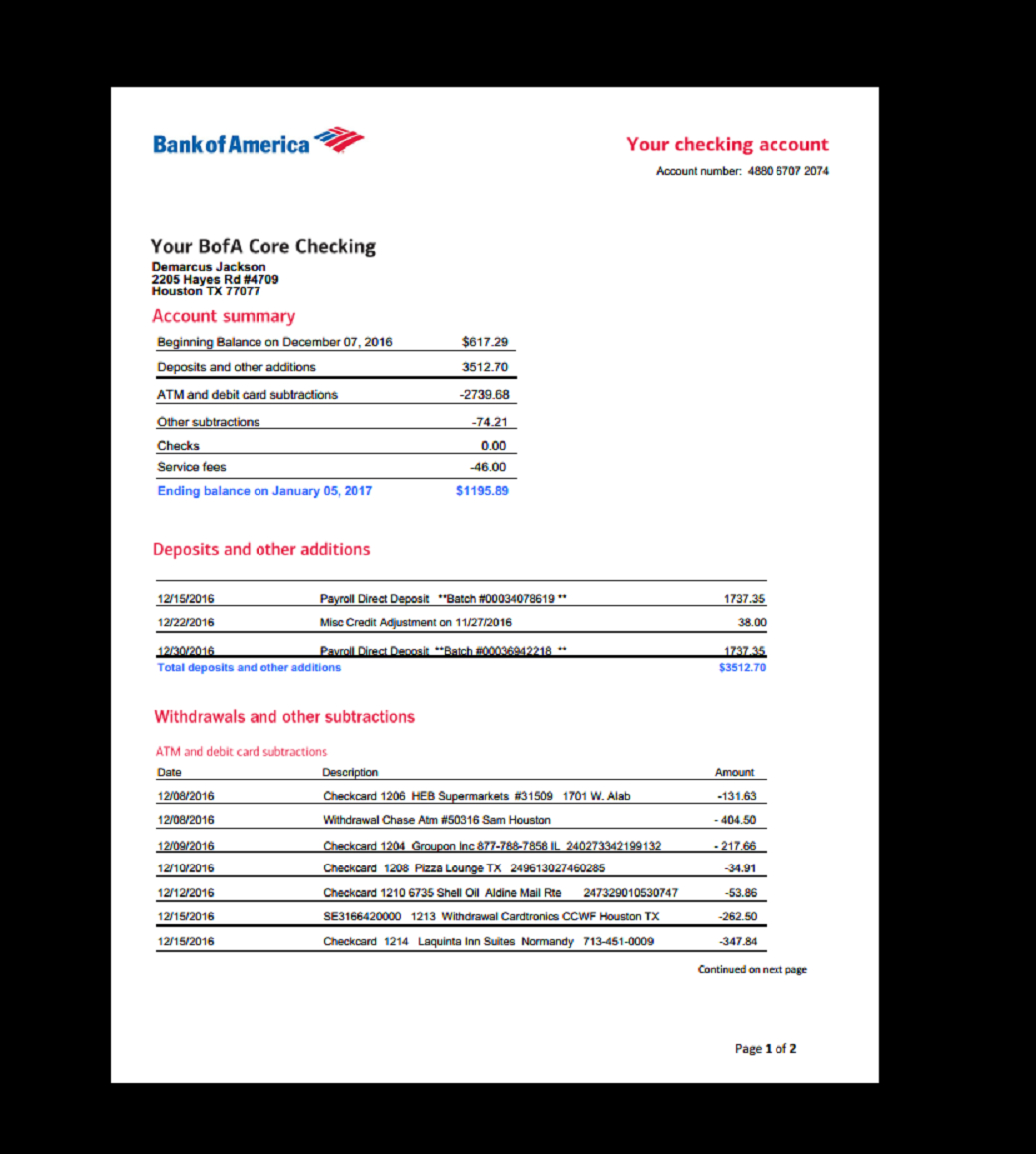 Bank, Statement, Bank America, Template, Income, Earnings With Blank Bank Statement Template Download