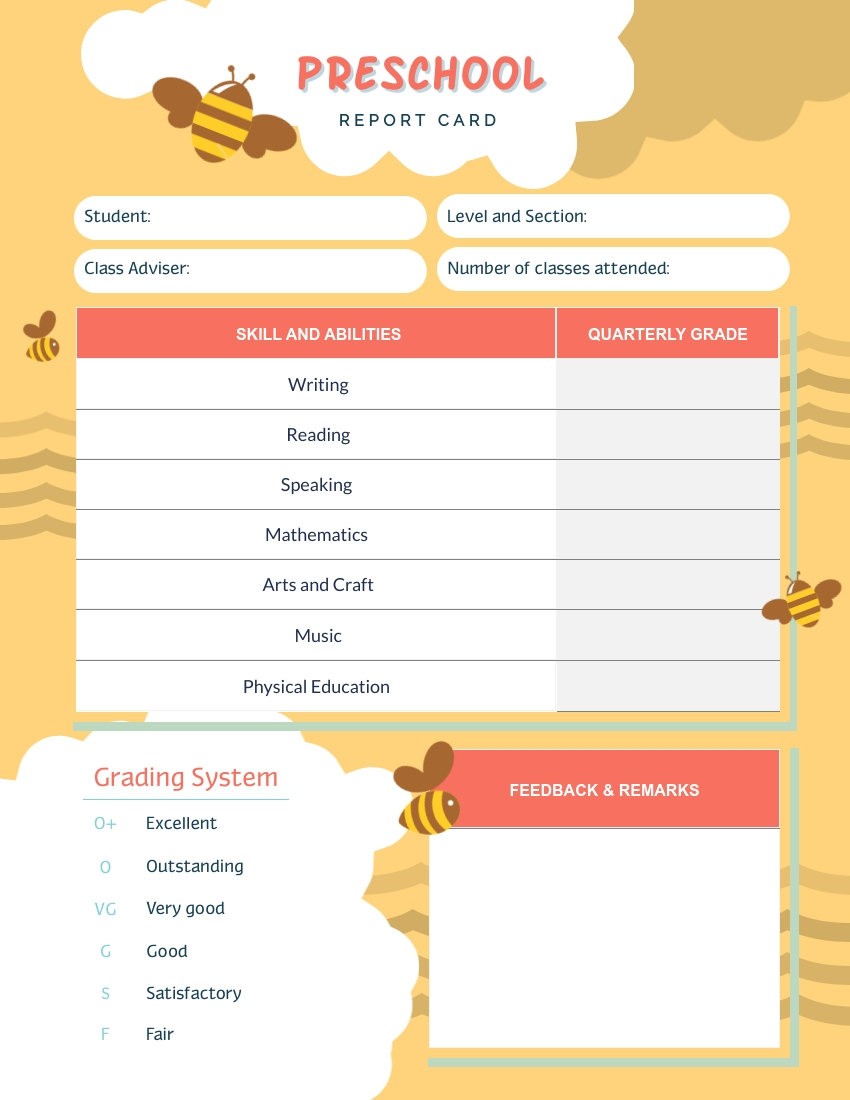 Bee Preschool Report Card Template – Visme Regarding Preschool Weekly Report Template