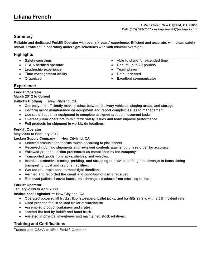 Best Forklift Operator Resume Example | Livecareer In Forklift Certification Template