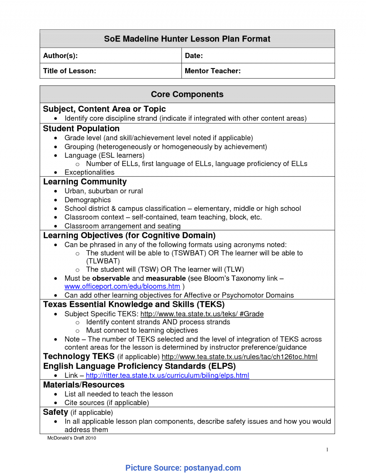 Best Madeline Hunter Lesson Plan Components Madeline Hunter Within Madeline Hunter Lesson Plan Template Word