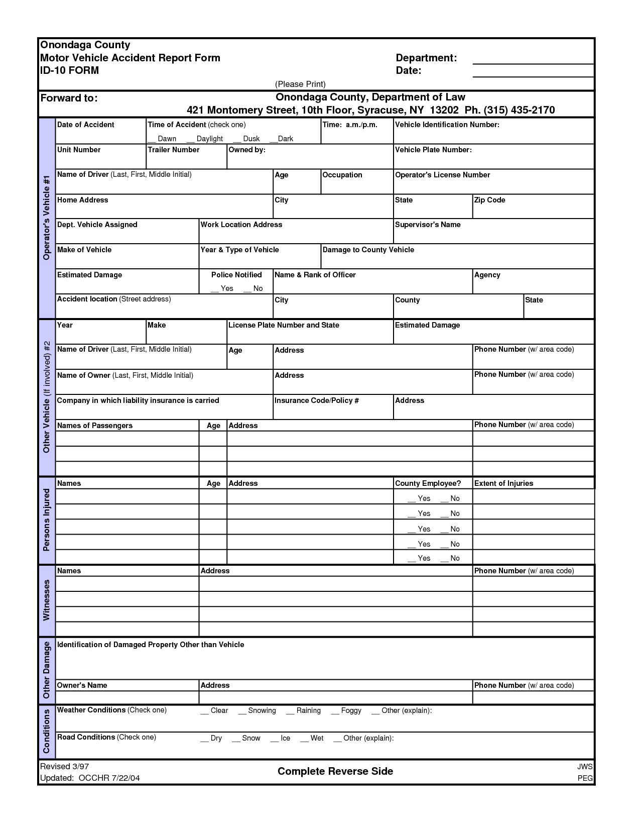 Best Photos Of Printable Accident Report Forms – Printable For Vehicle Accident Report Template