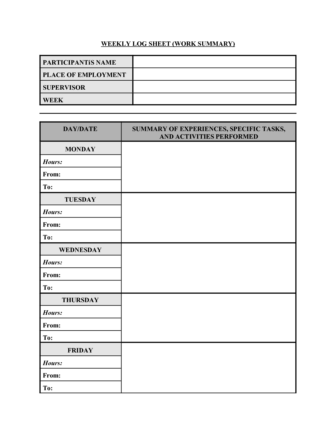 Best Photos Of Work Summary Template – Weekly Work Log Sheet In Work Summary Report Template