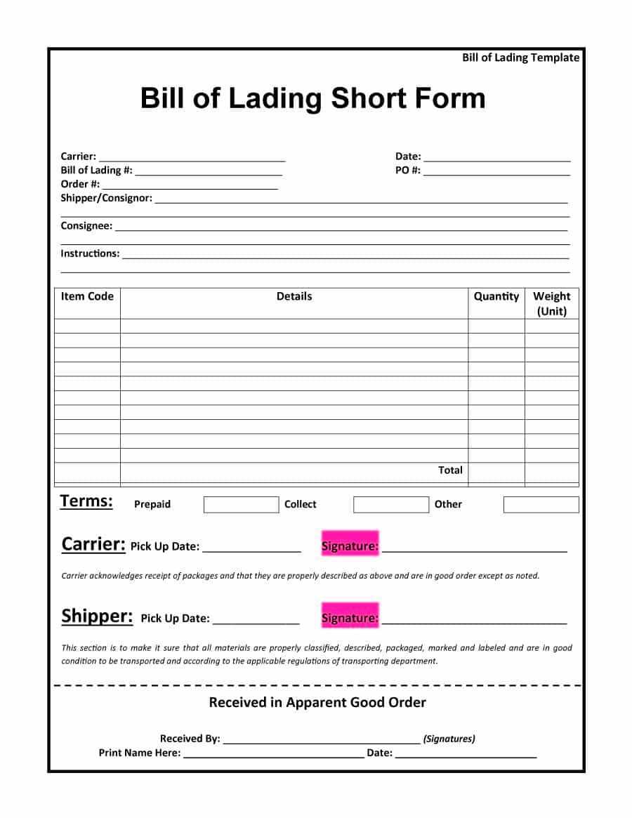 Bill Of Lading Short Form | Bill Of Lading Form | Bill Of In Blank Bol Template