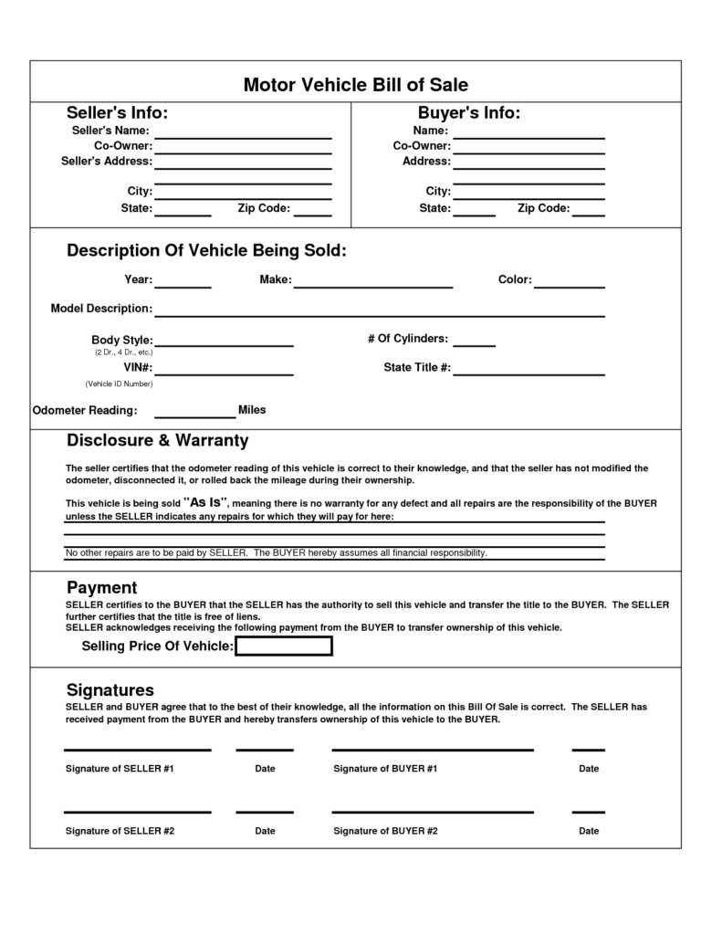 Bill Of Sale Motor Vehicle Template | Spreadsheet | Bill Of Regarding Car Bill Of Sale Word Template