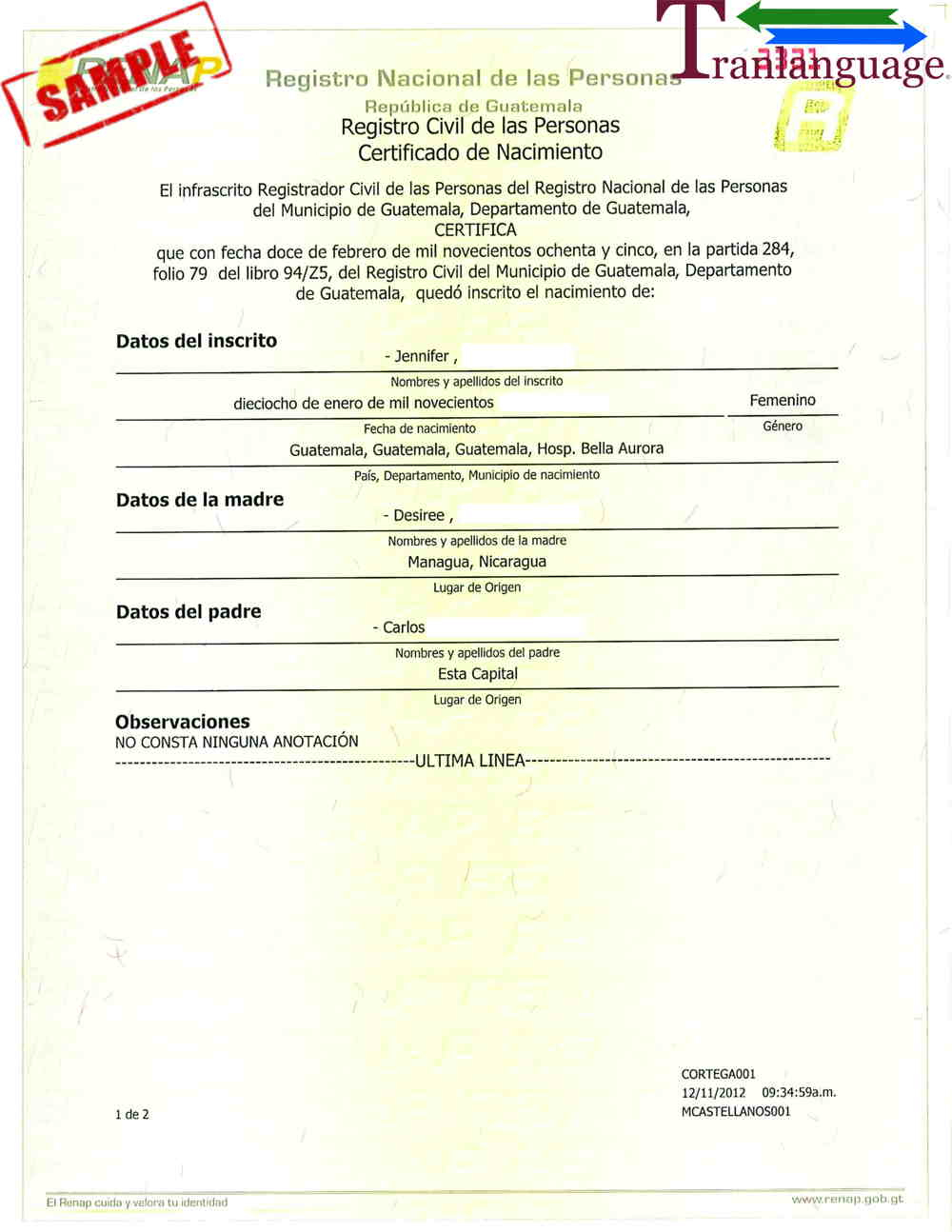 Birth Certificate Guatemala With Uscis Birth Certificate Translation Template