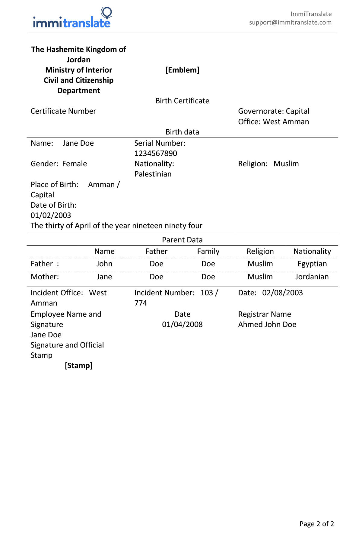 Birth Certificate Translation | Immitranslate Throughout Uscis Birth Certificate Translation Template