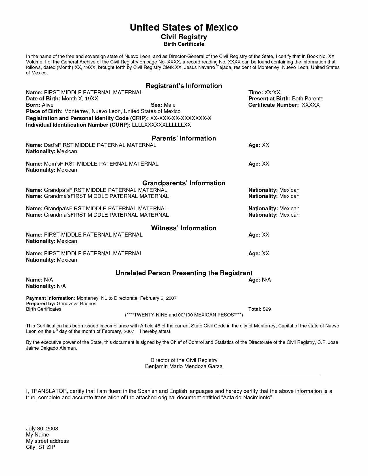 Birth Certificate Translation Uscis Basic 20 Unique Image Inside Uscis Birth Certificate Translation Template