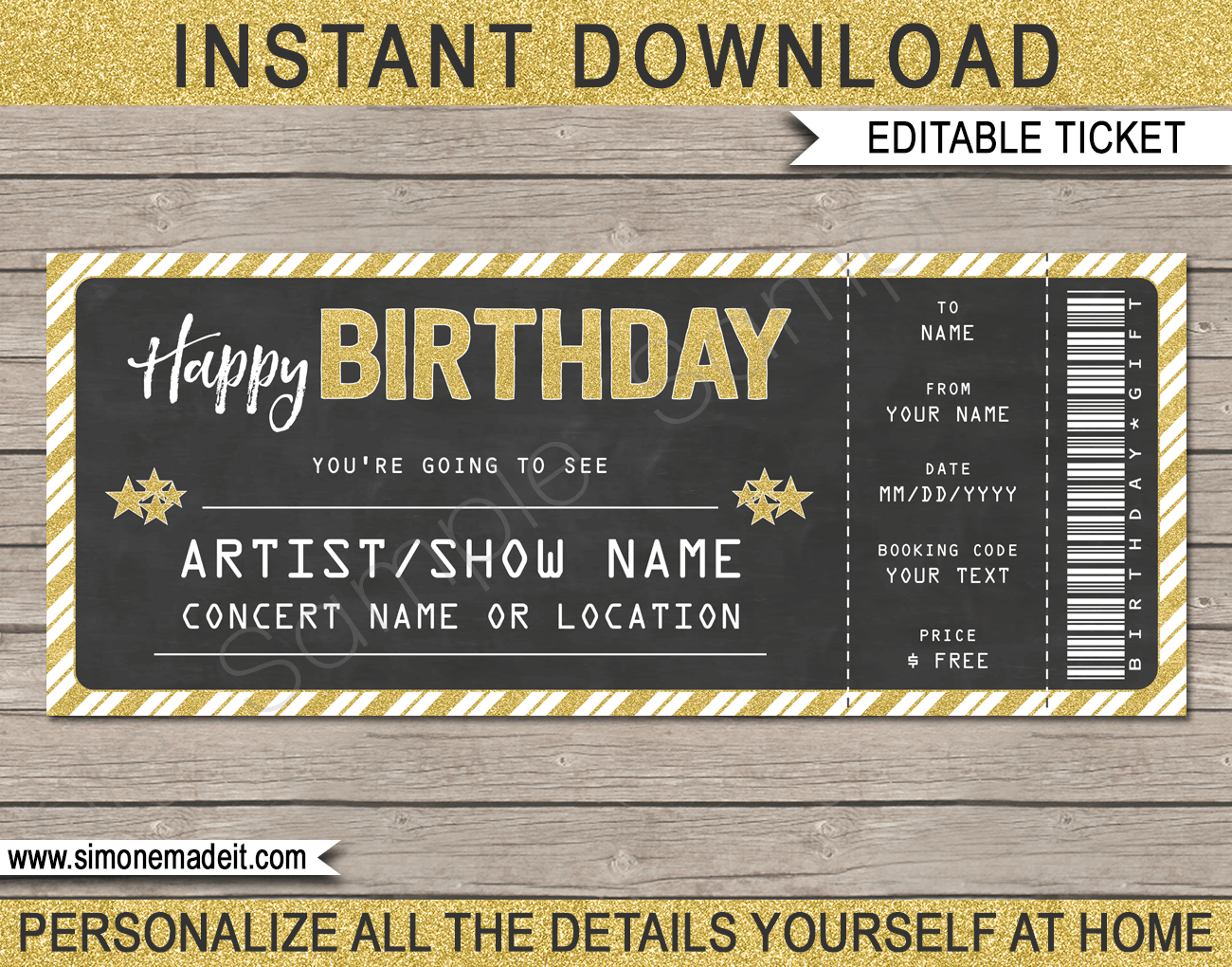 Birthday Concert Gift Ticket – Gold Glitter & Chalkboard Intended For Golf Gift Certificate Template