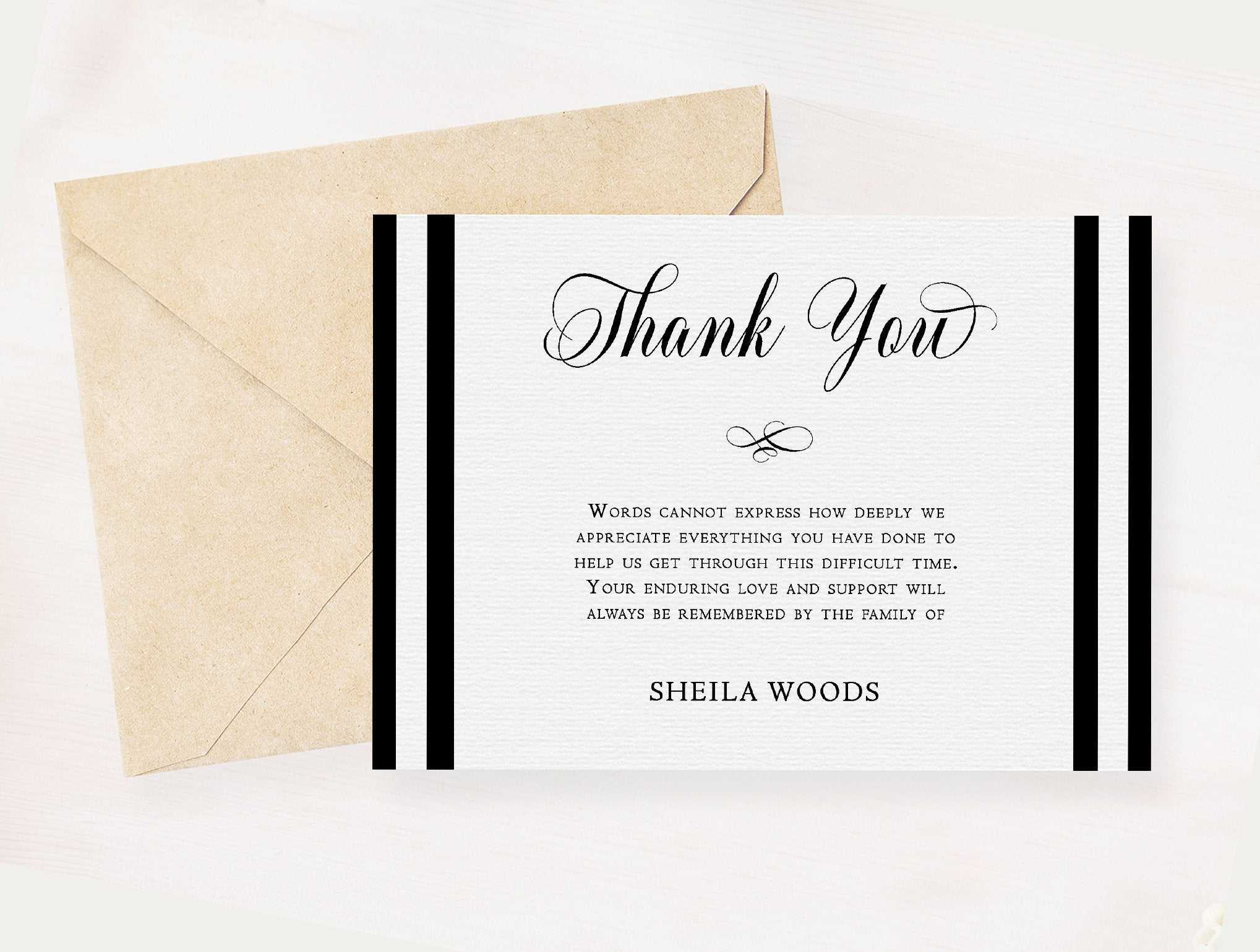 Black & White Sympathy Thank You Card Memorial Service Editable Template  Obituary Service Microsoft Word Template Acknowledgement Card Intended For Sympathy Thank You Card Template