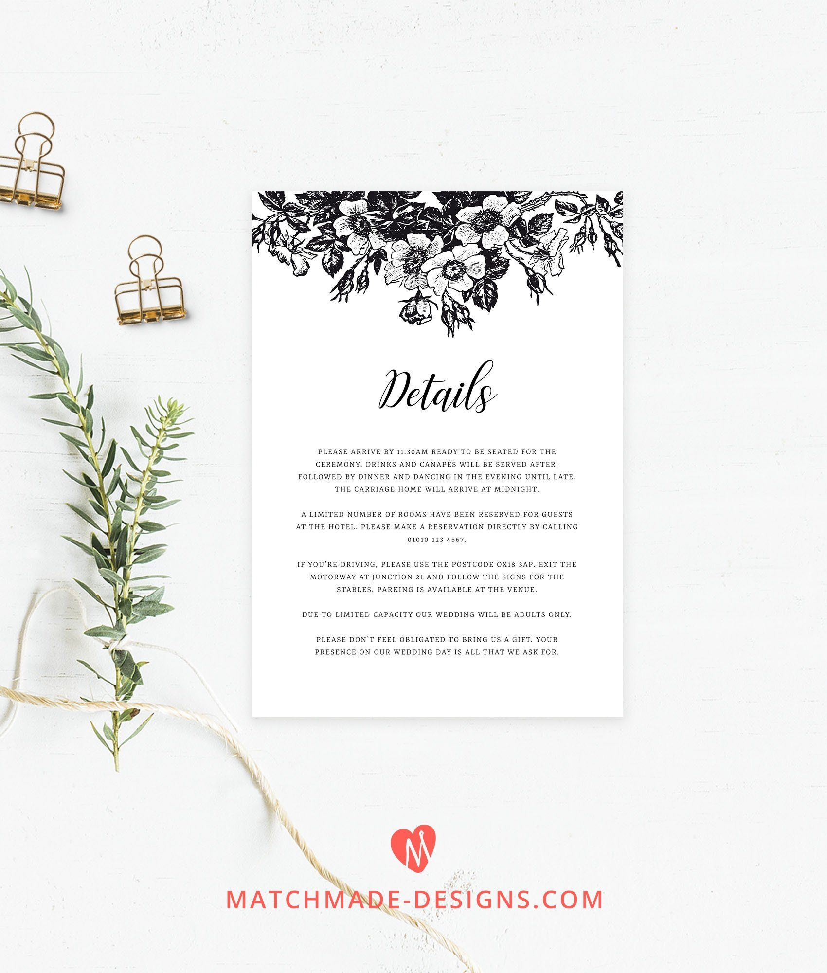 Black & White Wedding Details Card Template | Floral Wedding Pertaining To Wedding Hotel Information Card Template