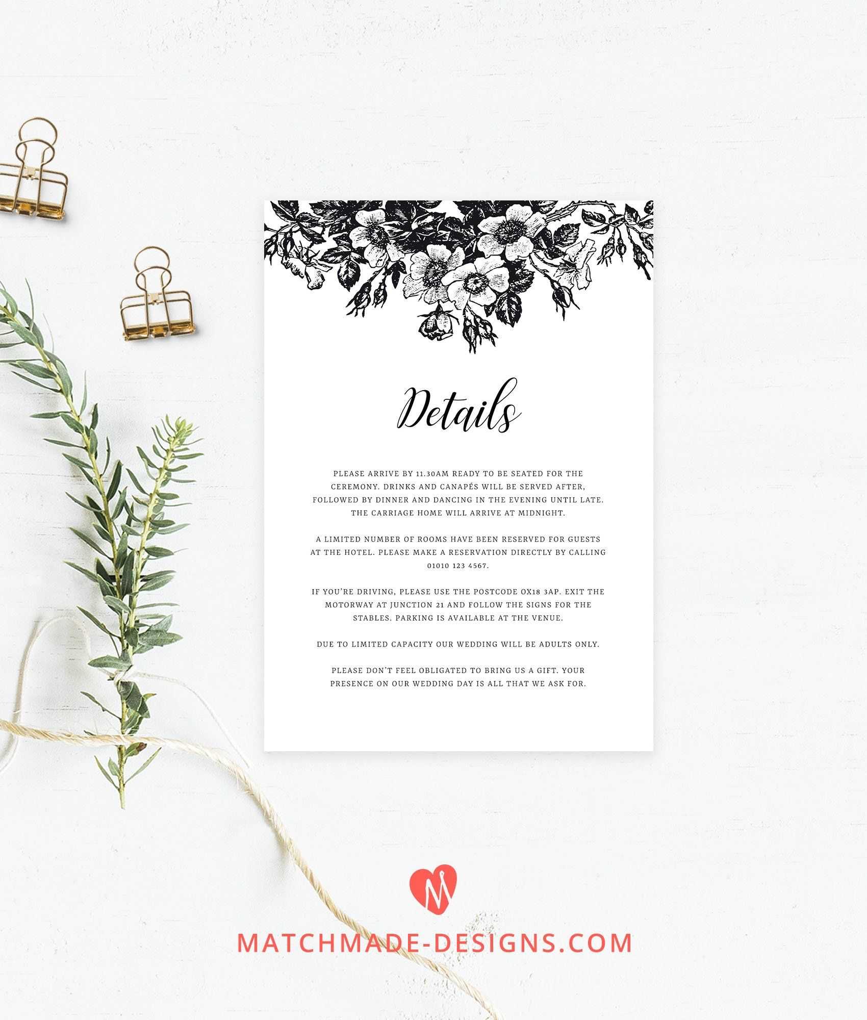 Black & White Wedding Details Card Template | Floral Wedding Pertaining To Wedding Hotel Information Card Template