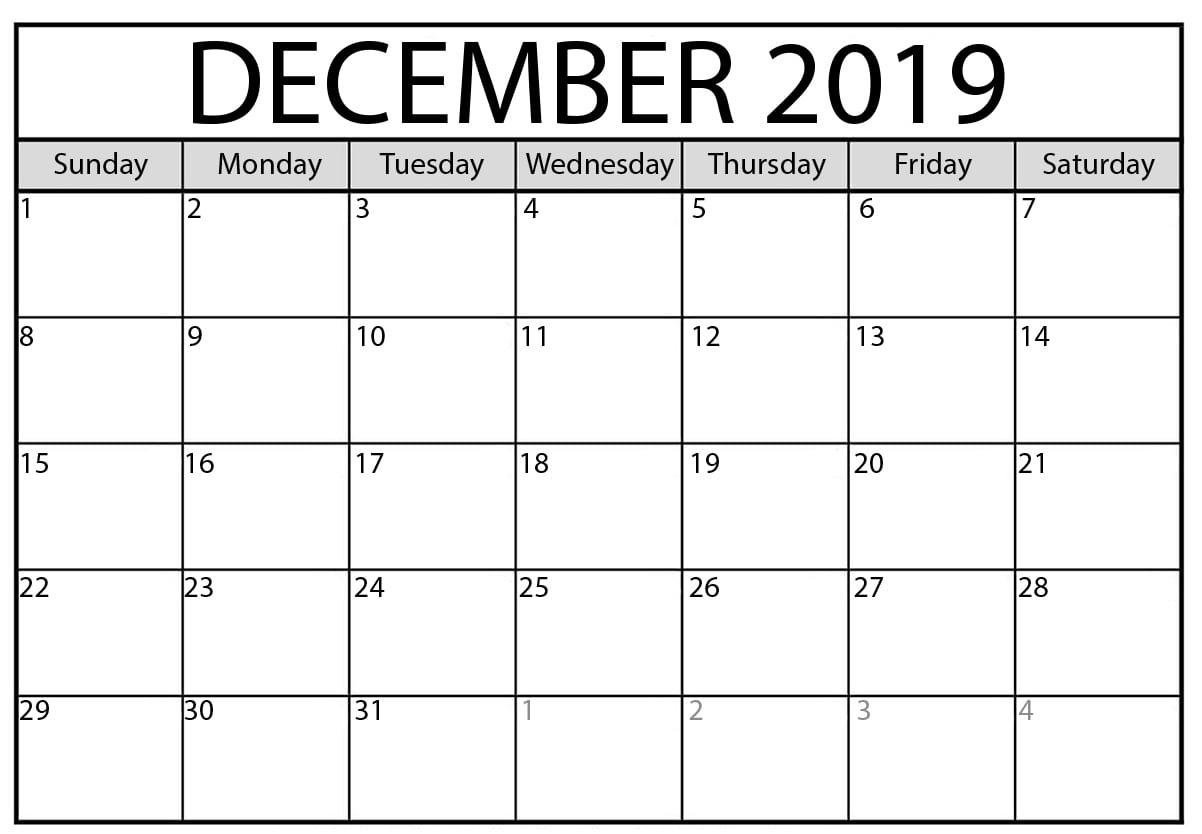 Blank Calendar December 2019 : For Exam Time Status | Free For Blank Calendar Template For Kids
