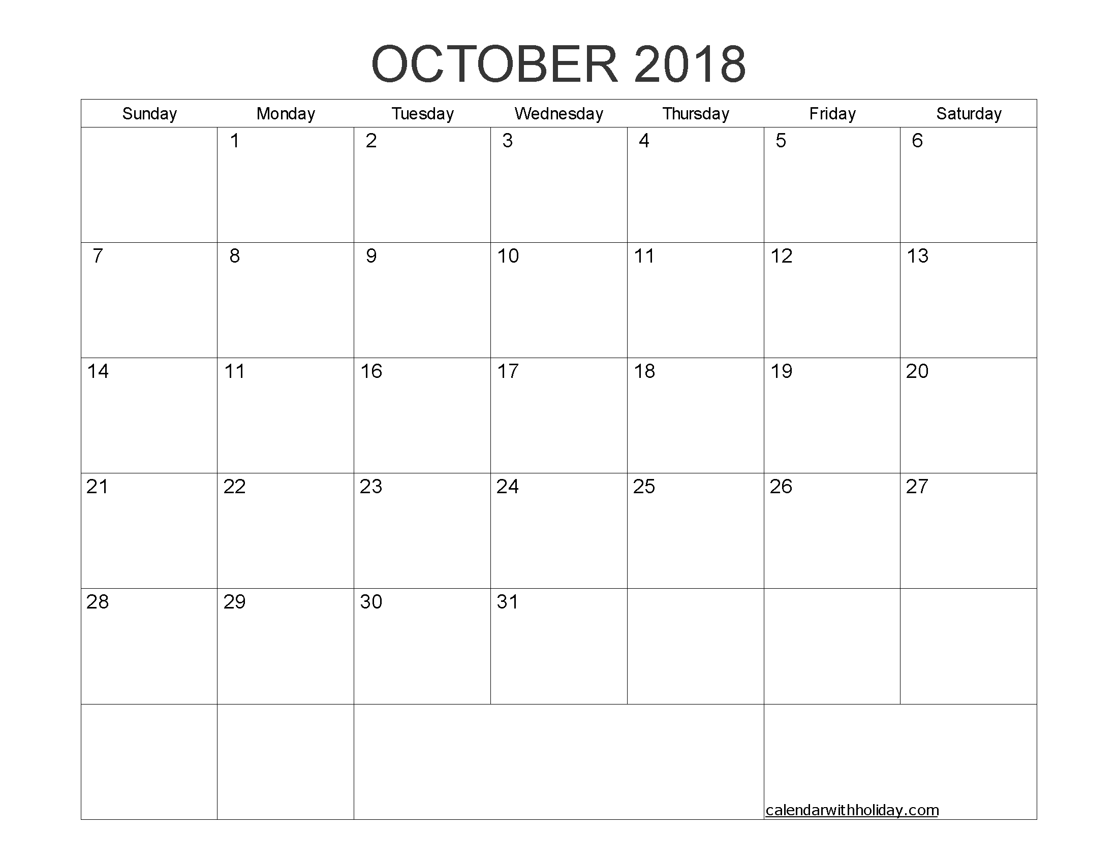 Blank Calendar October 2018 Printable 1 Month Calendar Intended For Blank One Month Calendar Template