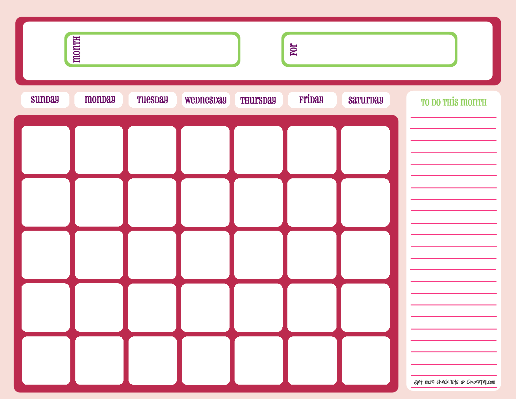 Blank Month Calendar – Pinks – Free Printable Downloads From For Blank One Month Calendar Template