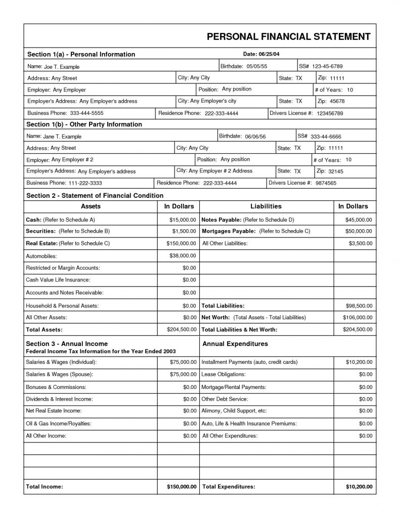 Blank Personal Financial Statement Form Pdf Of Simple Inside Blank Personal Financial Statement Template