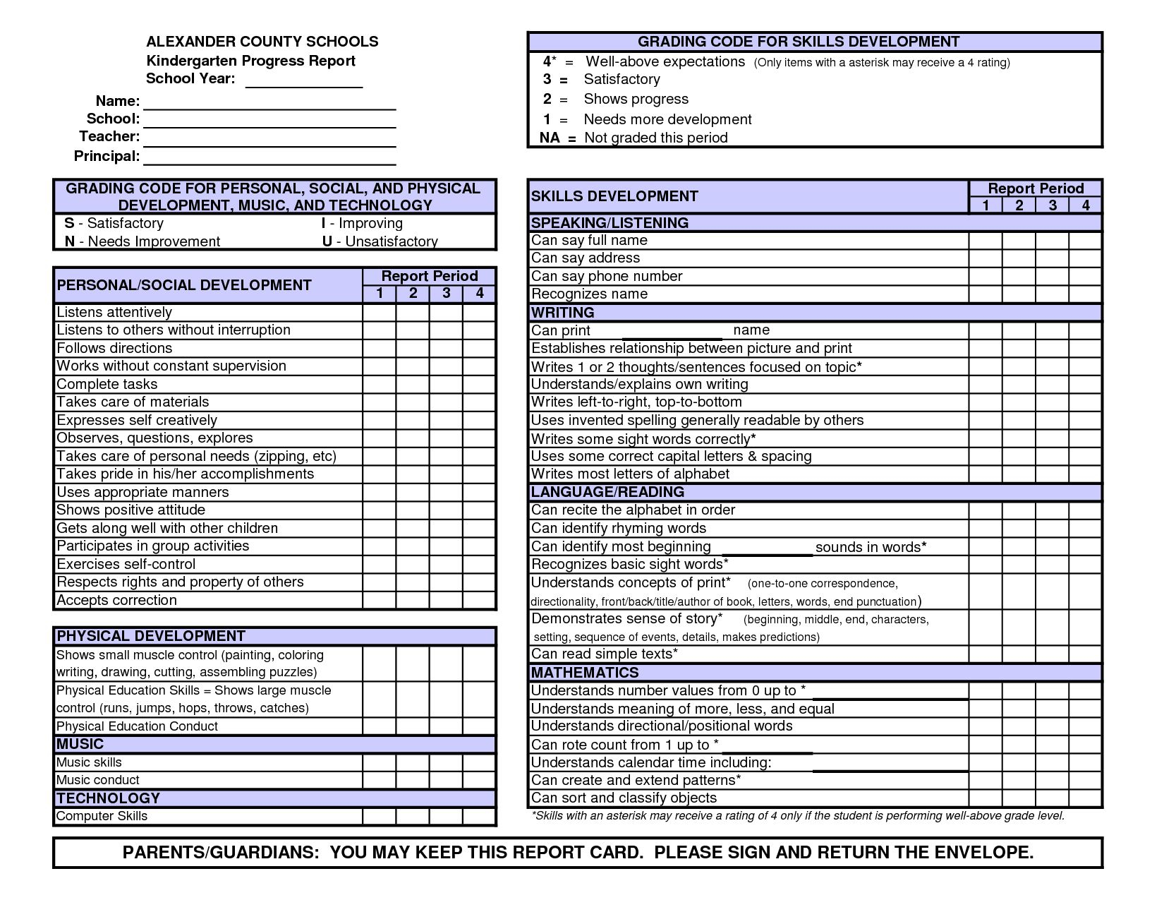 Blank Report Card Template With Kindergarten Report Card In Report Card Template Pdf