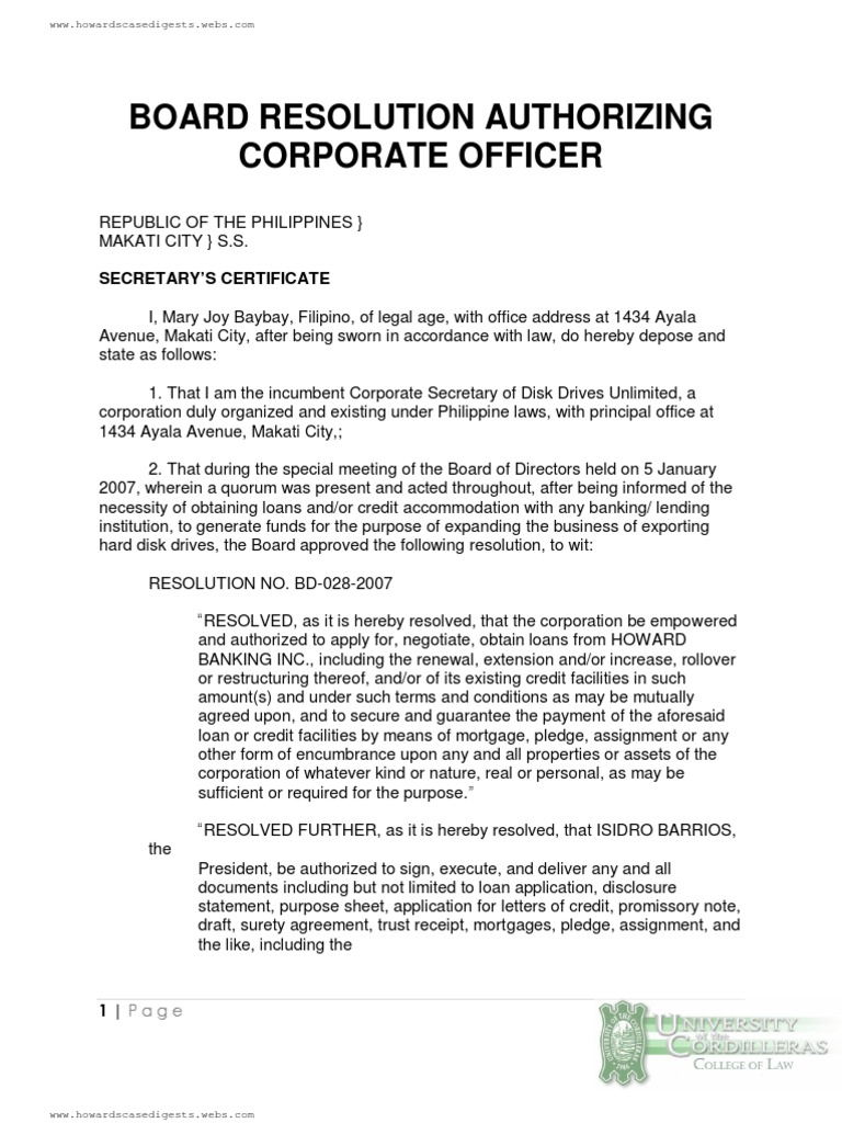 Board Resolution Authorizing Corporate Officer – Docshare.tips In Corporate Secretary Certificate Template
