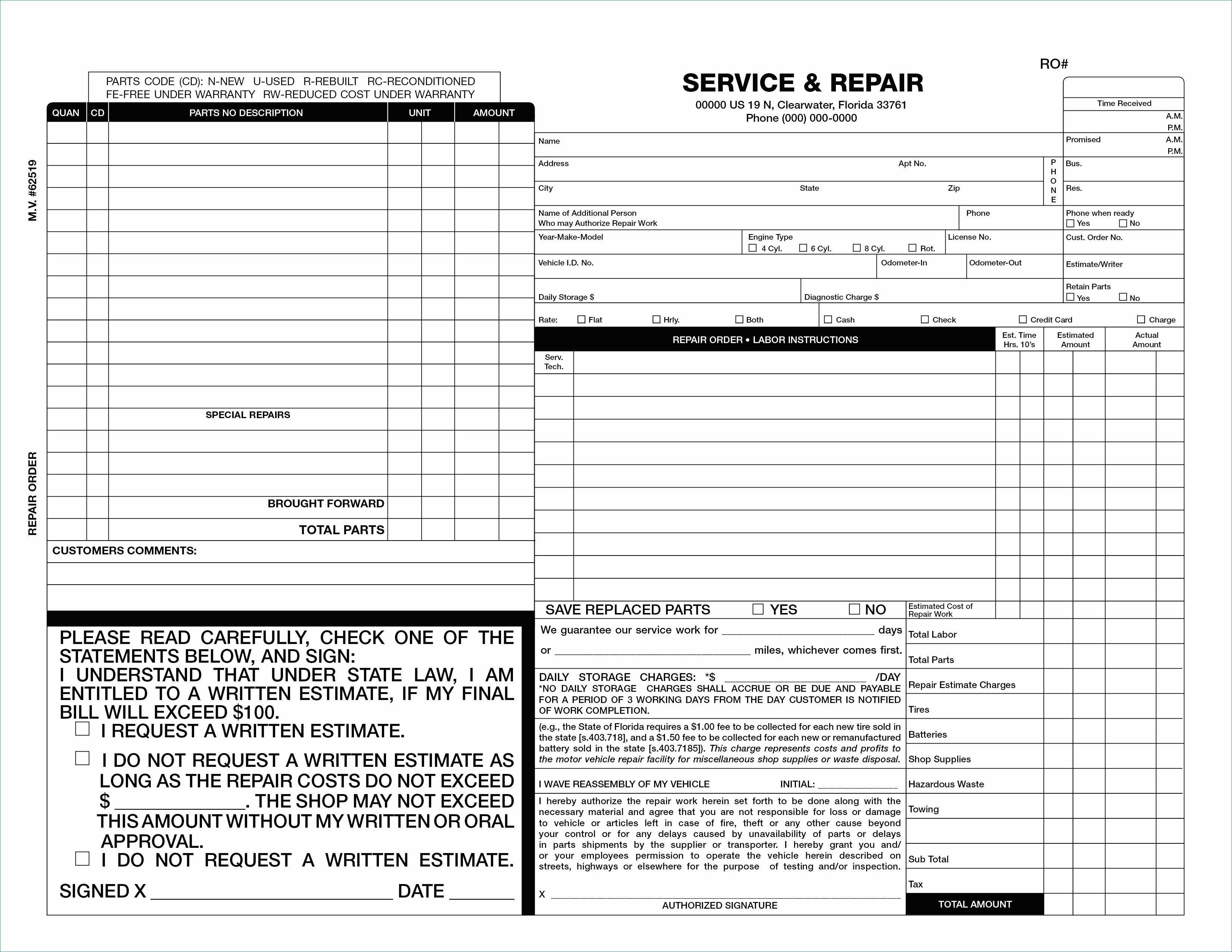 Body Shop Invoice Template Example Estimate Form Ordinary 50 Inside Shop Report Template