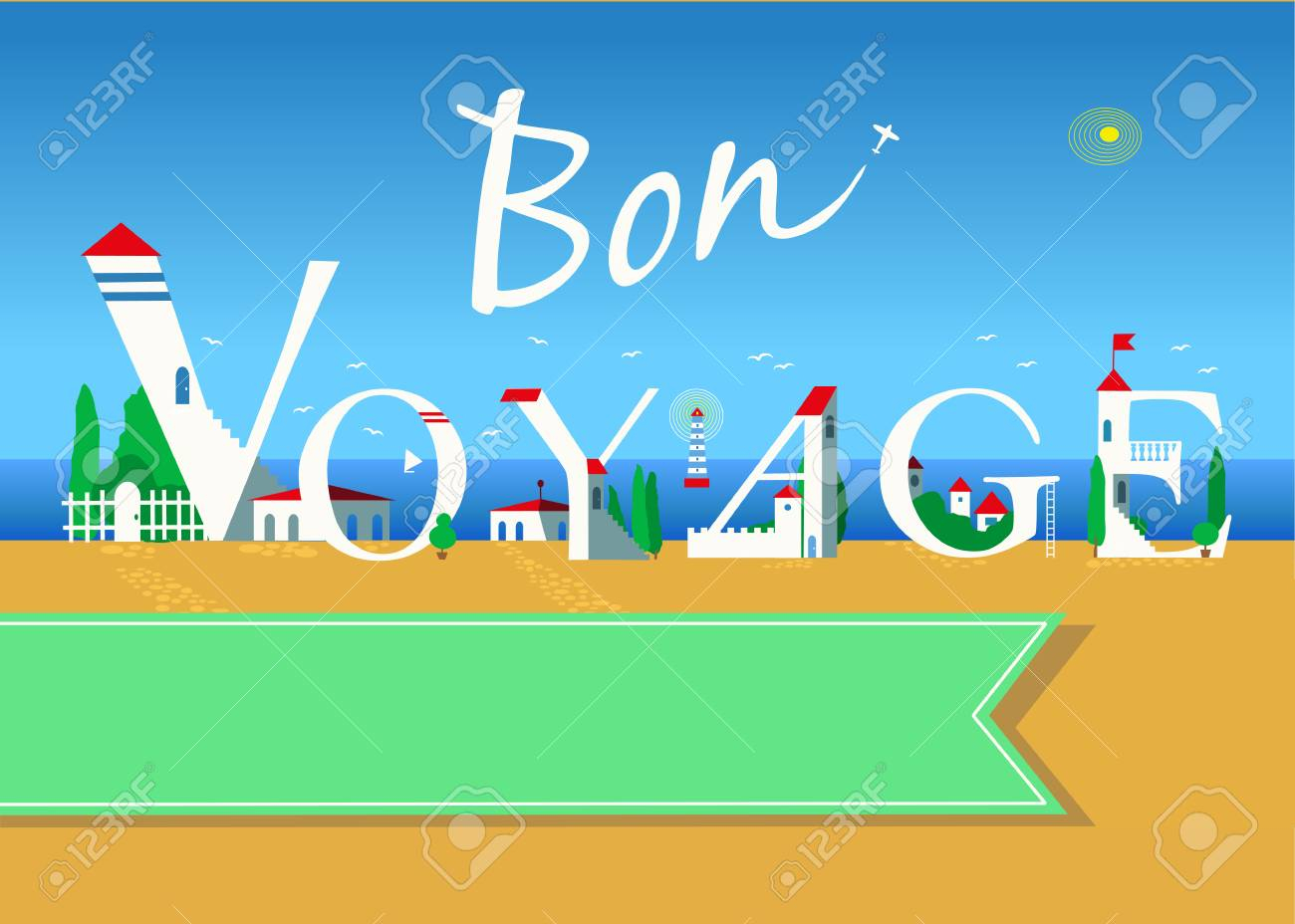 Bon Voyage. Travel Card. White Buildings On The Summer Beach Intended For Bon Voyage Card Template