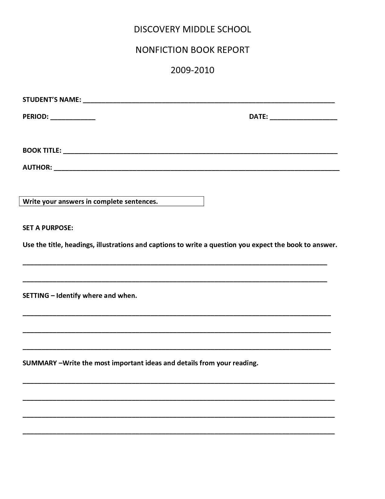 Book Report Template | Discovery Middle School Nonfiction In Book Report Template Middle School