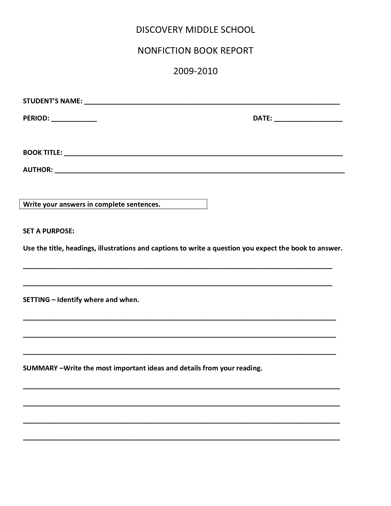 Book Report Template | Discovery Middle School Nonfiction Pertaining To Book Report Template High School