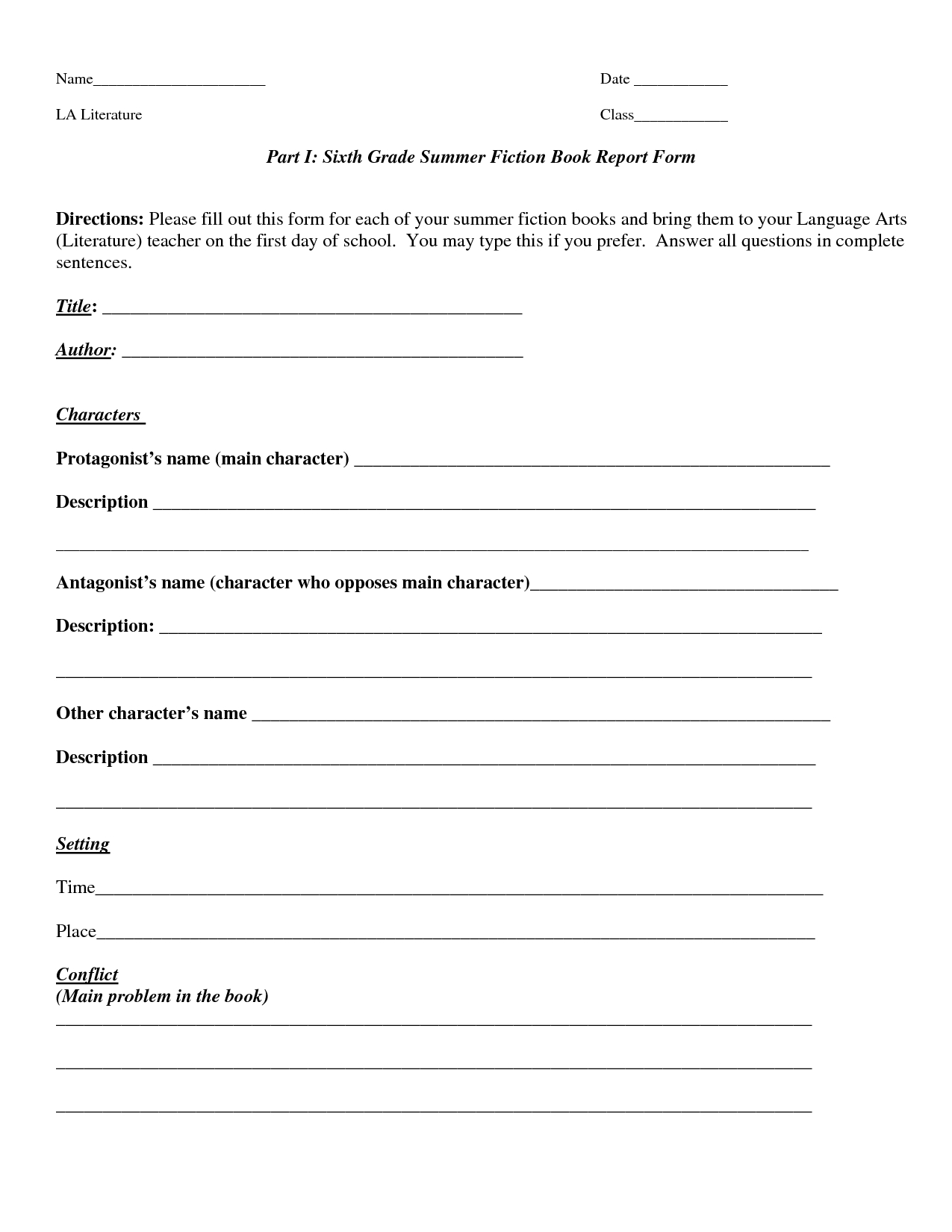 Book Report Template | Part I Sixth Grade Summer Fiction With Regard To Book Report Template Grade 1