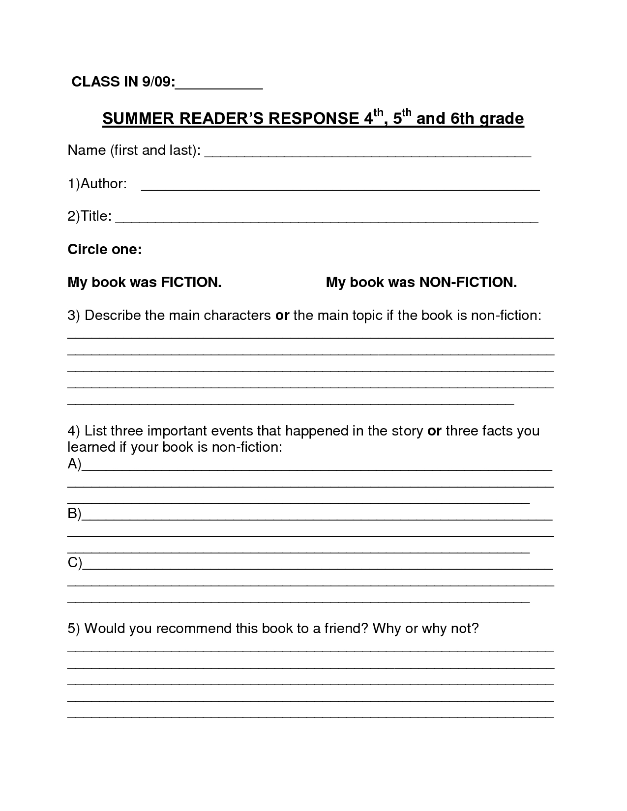 Book Report Template | Summer Book Report 4Th  6Th Grade For Book Report Template 6Th Grade