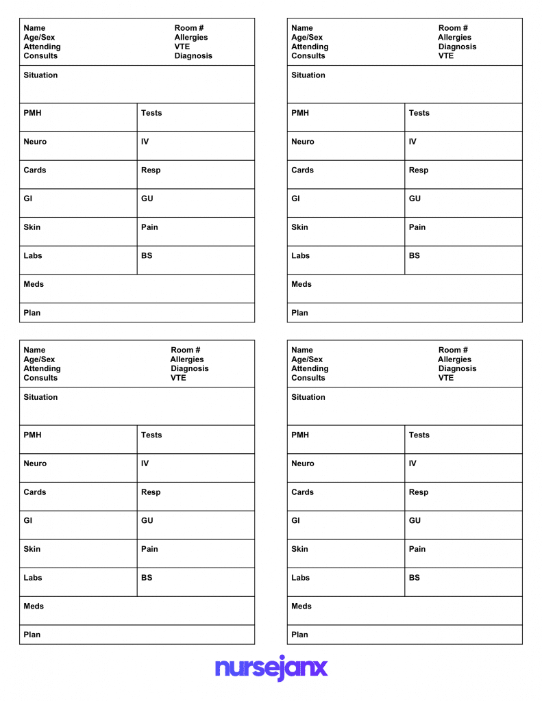 Brain Nursing Report Sheet (4 Patients Per Page) – Nursejanx Intended For Nurse Report Sheet Templates