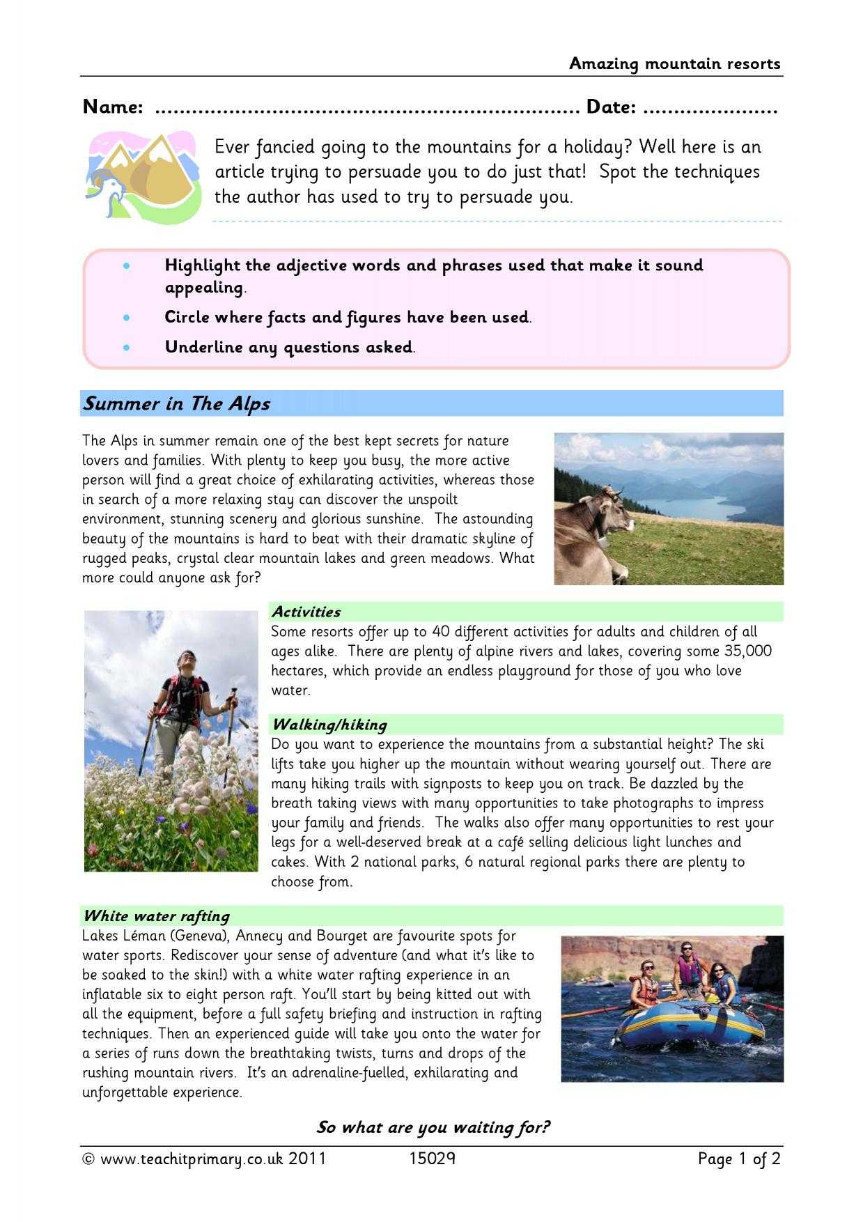 Brochure Writing – Amazing Mountain Resorts With Regard To Travel Brochure Template Ks2