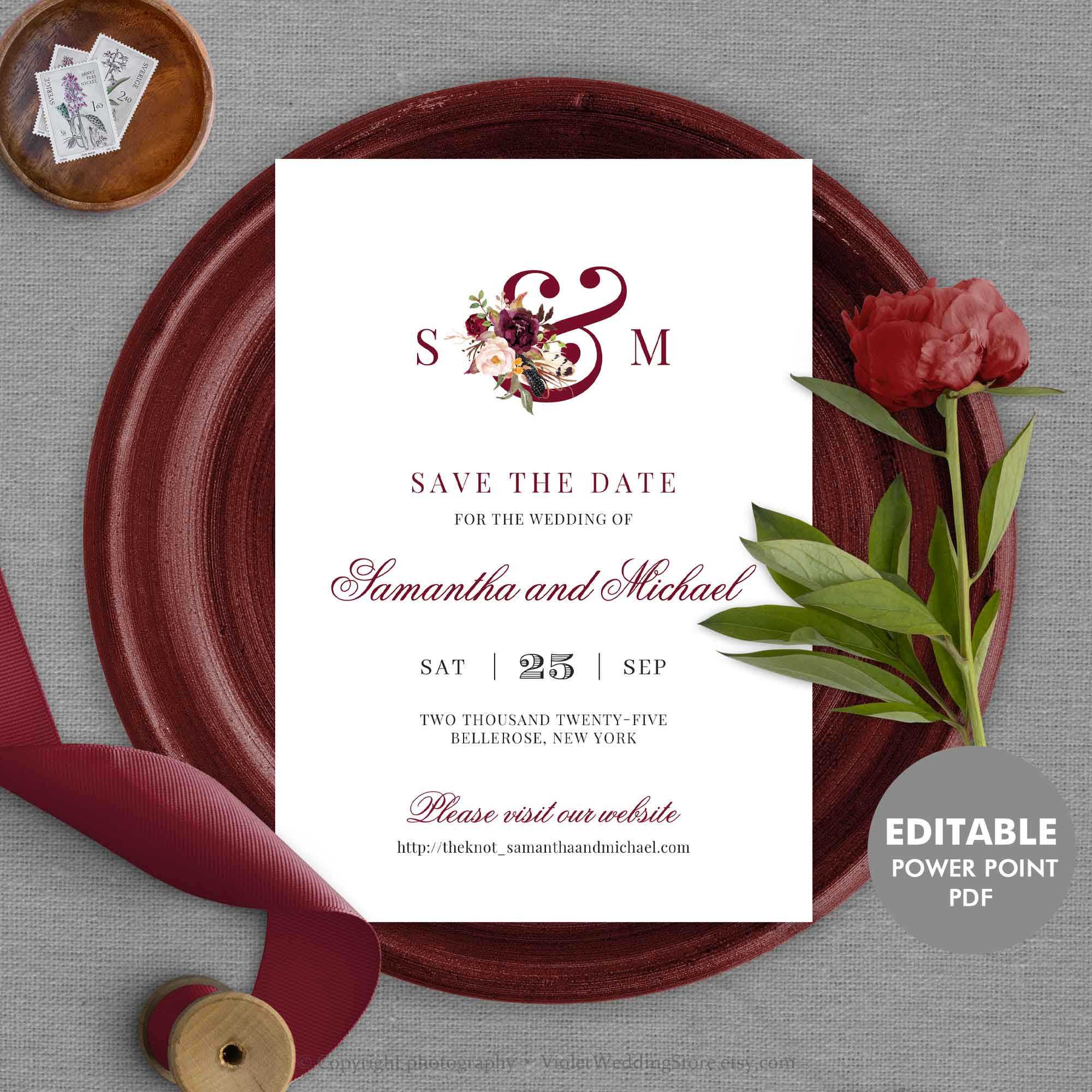 Burgundy Save The Date Card Template, Editable Monogram Save The Date,  Printable Wedding Save The Date Instant Download Mar1 Regarding Save The Date Powerpoint Template