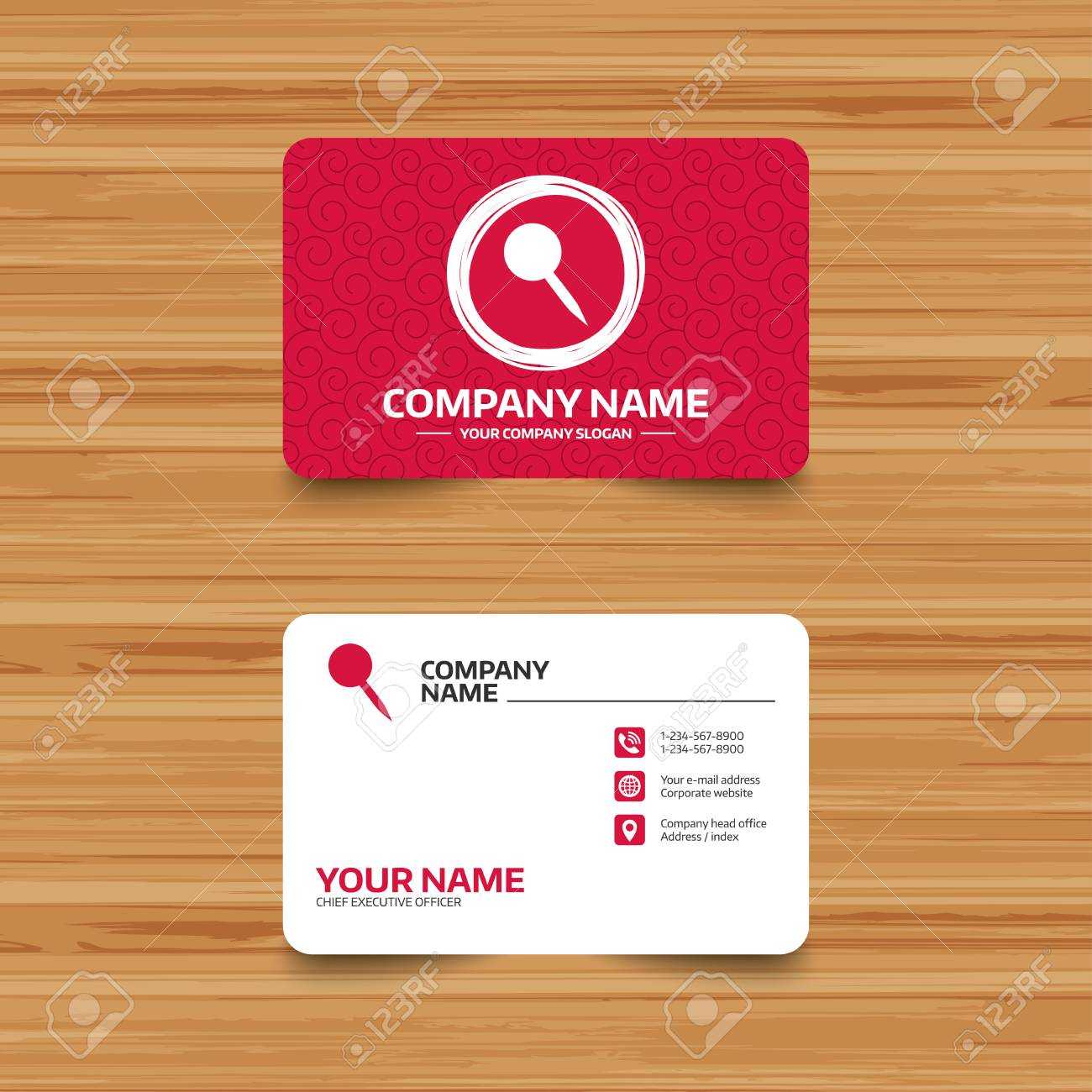 Business Card Template With Texture. Pushpin Sign Icon. Pin Button In Push Card Template