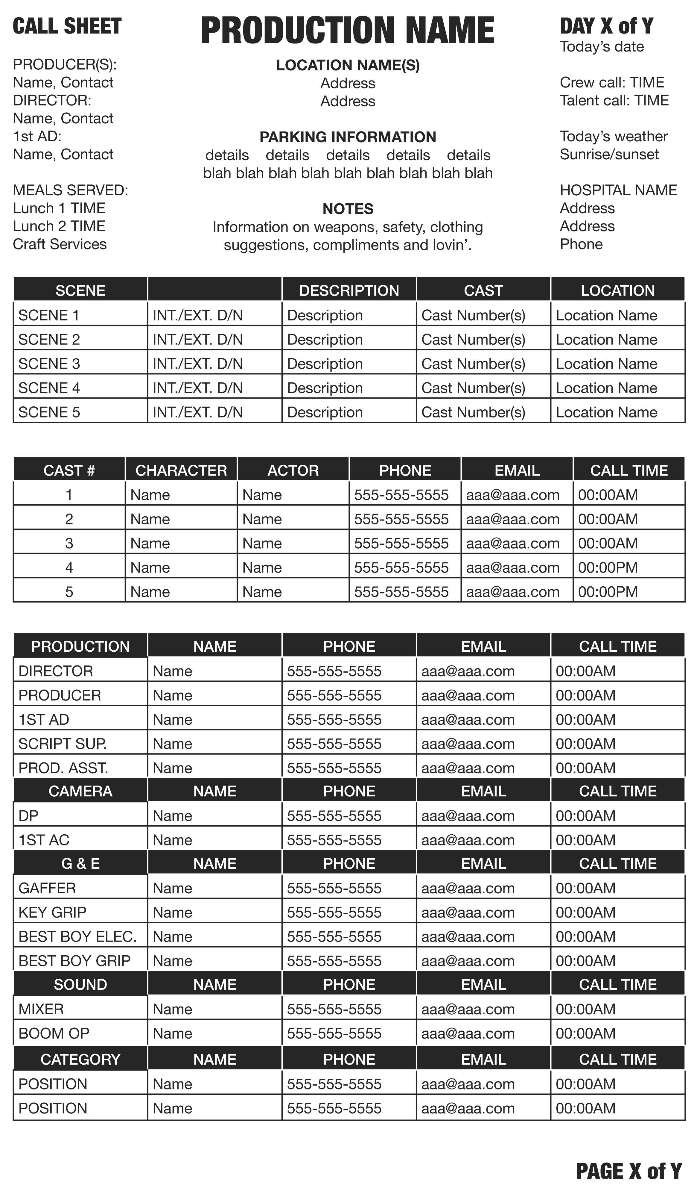 Call Sheets | Ashley's L.a. Times Pertaining To Film Call Sheet Template Word