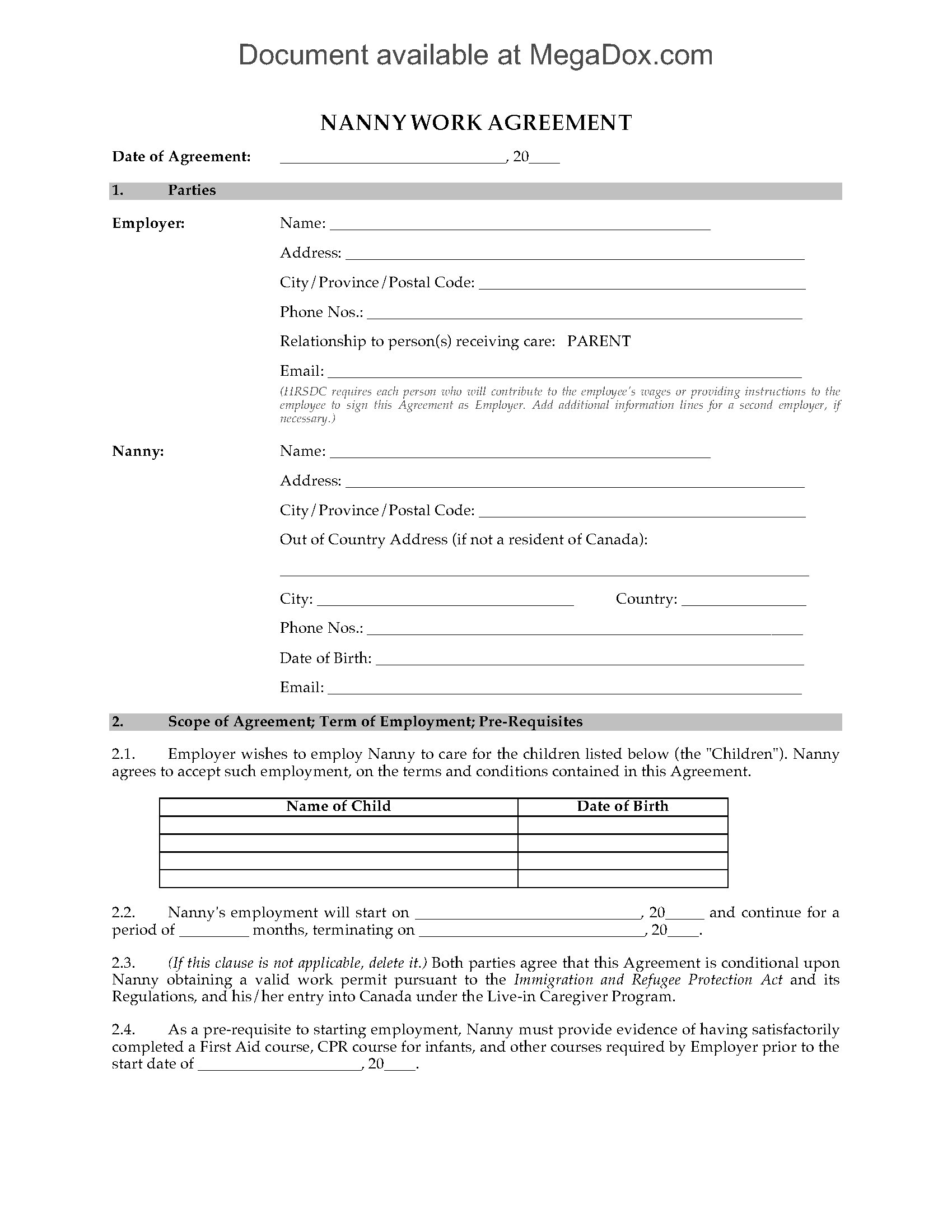 Canada Nanny Employment Agreement Regarding Nanny Contract Template Word