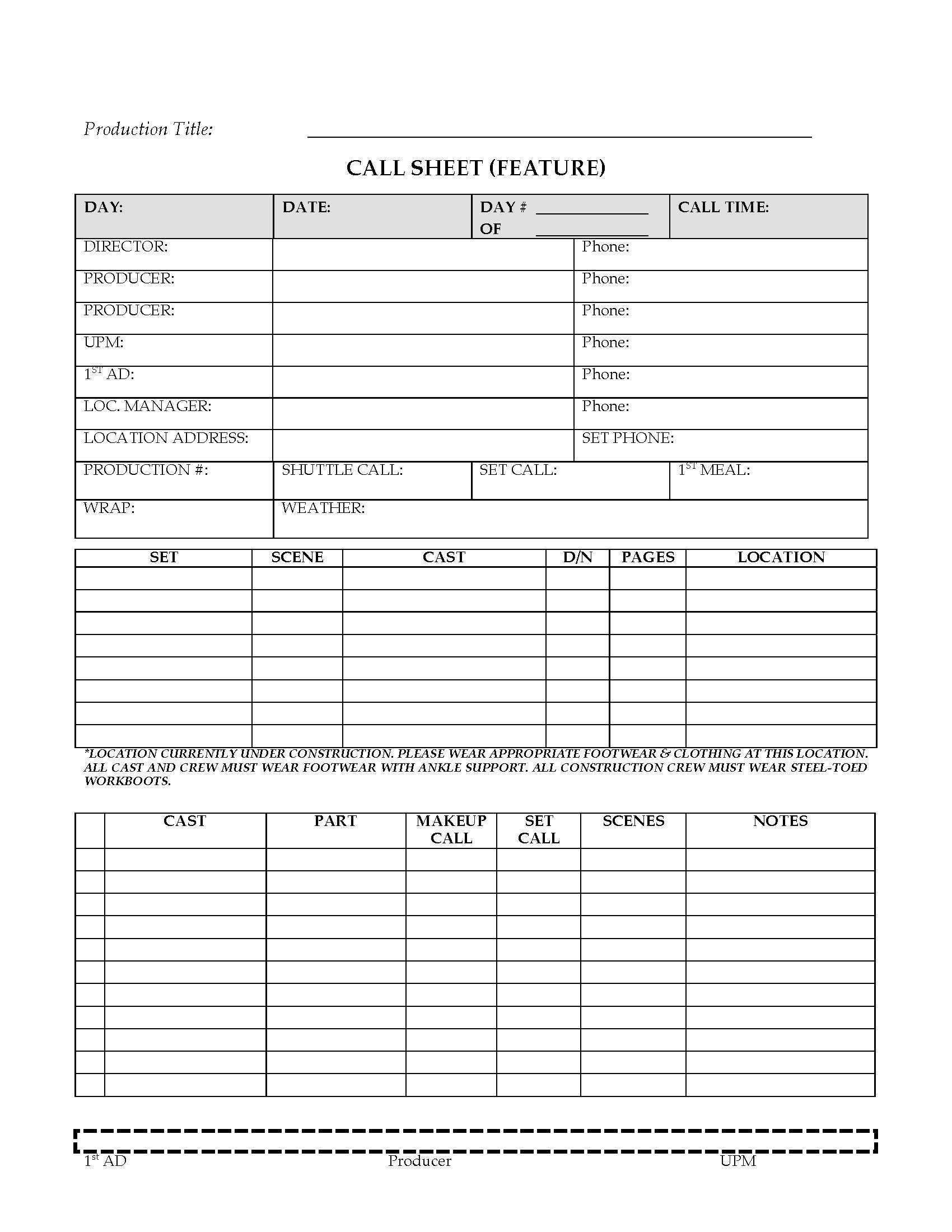 Cast And Crew Call Sheets (Film And Tv) With Blank Call Sheet Template