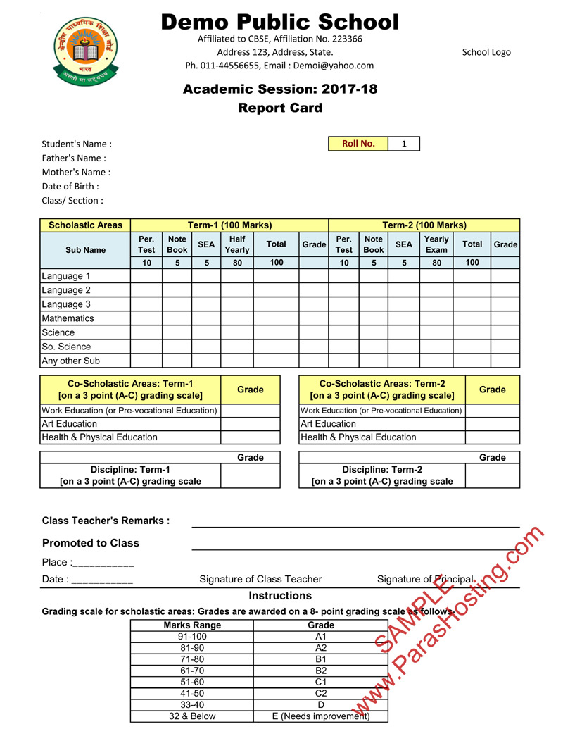 Cbse Report Card Format For Primary Classes  I To V Pertaining To Report Card Template Middle School