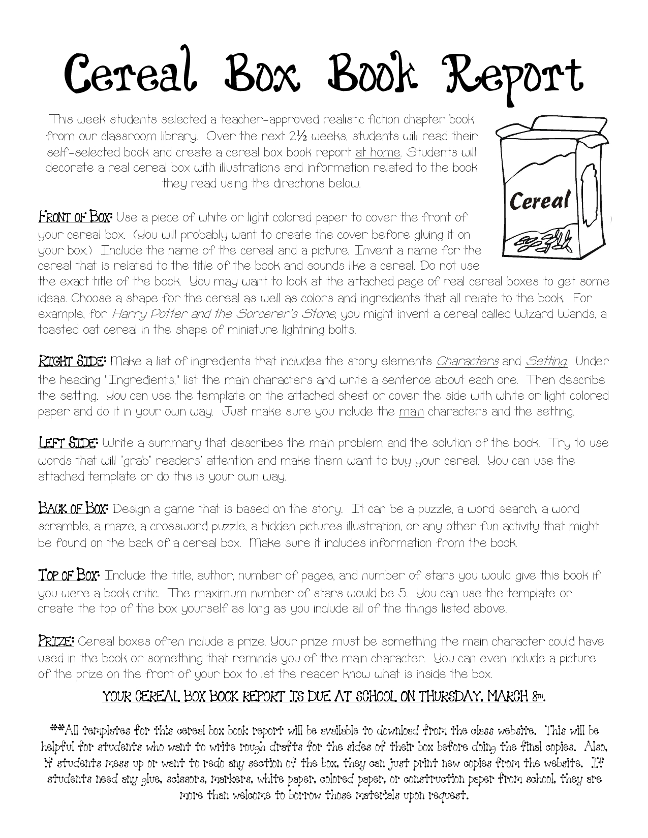 Cereal Box Book Report Instructions | Cereal Box Book Report Regarding Cereal Box Book Report Template