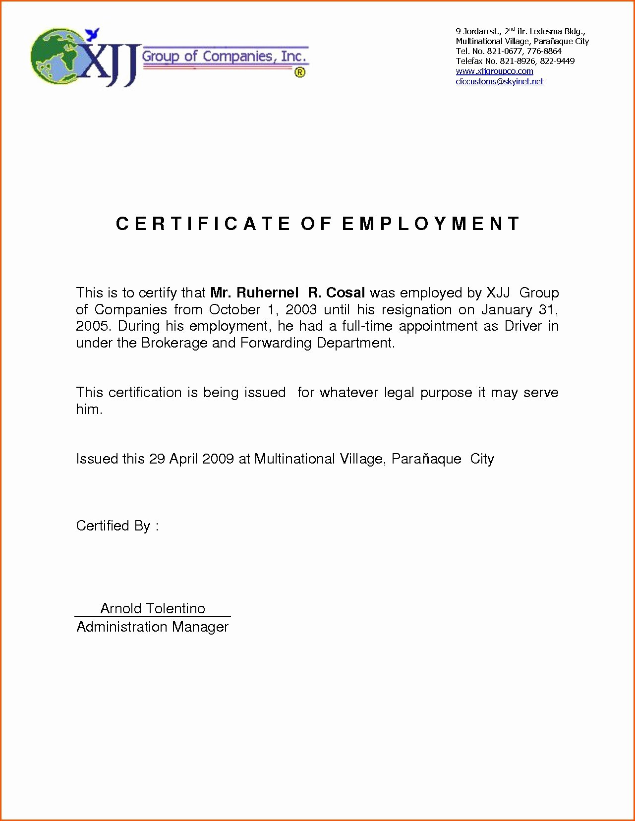 Certificate Employment Template Copy Gallery Templates Pertaining To Certificate Of Employment Template