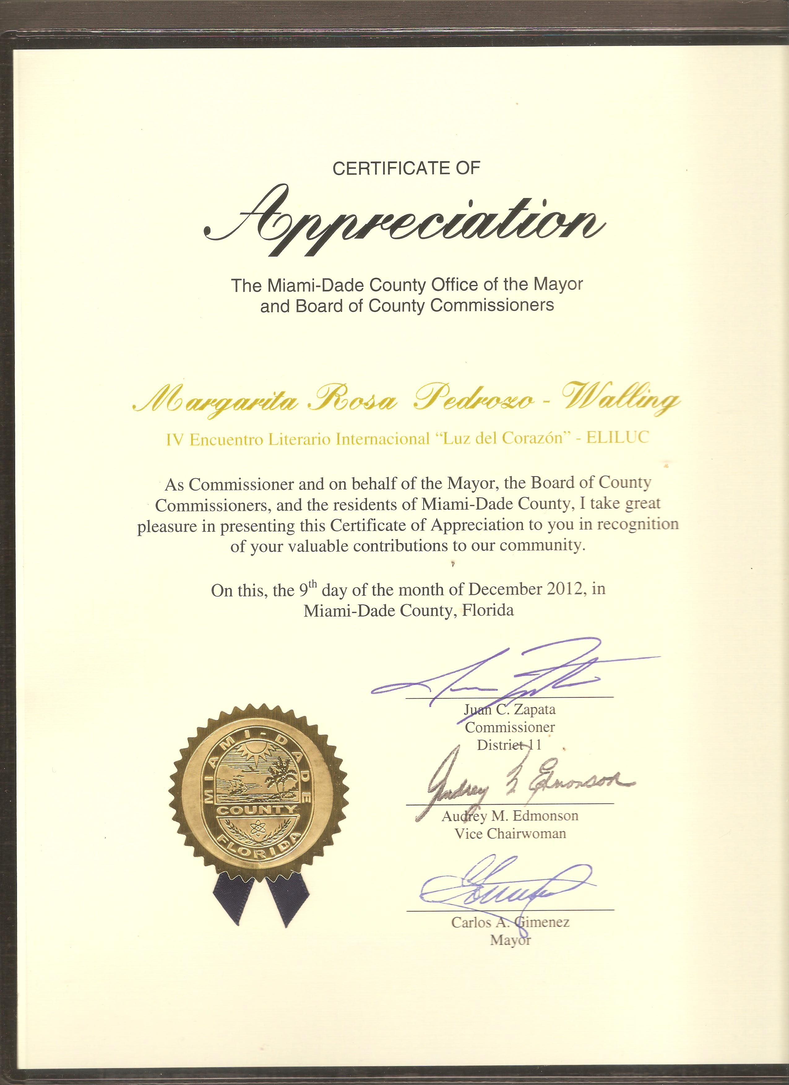 Certificate Of Appreciation Miami Dade County 2012 | #poet For Felicitation Certificate Template