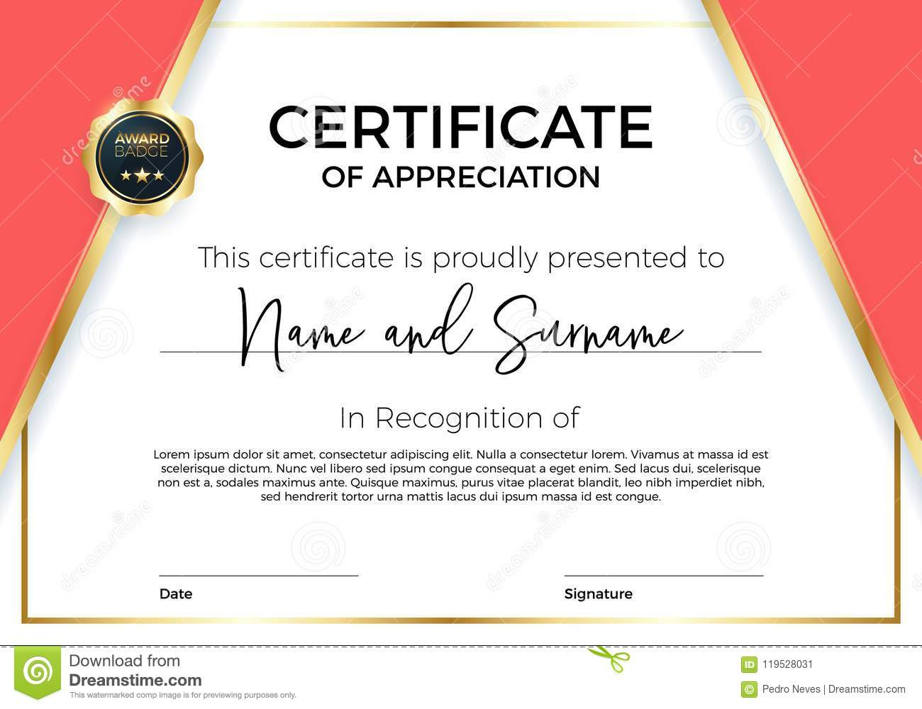 Certificate Of Appreciation Or Achievement With Award Badge Pertaining To Template For Certificate Of Award