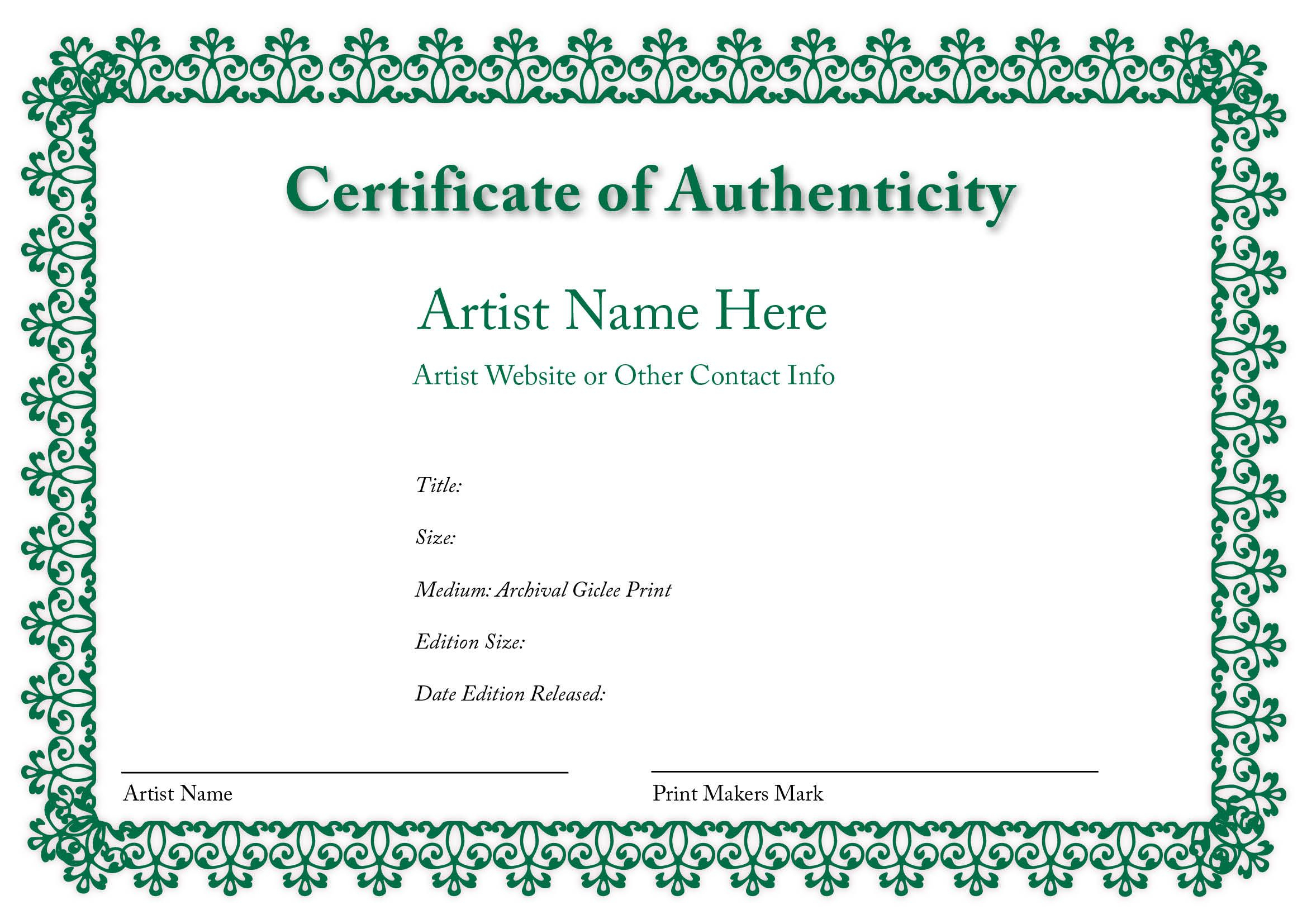 Certificate Of Authenticity Of An Art Print In 2019 With Regard To Blank Adoption Certificate Template