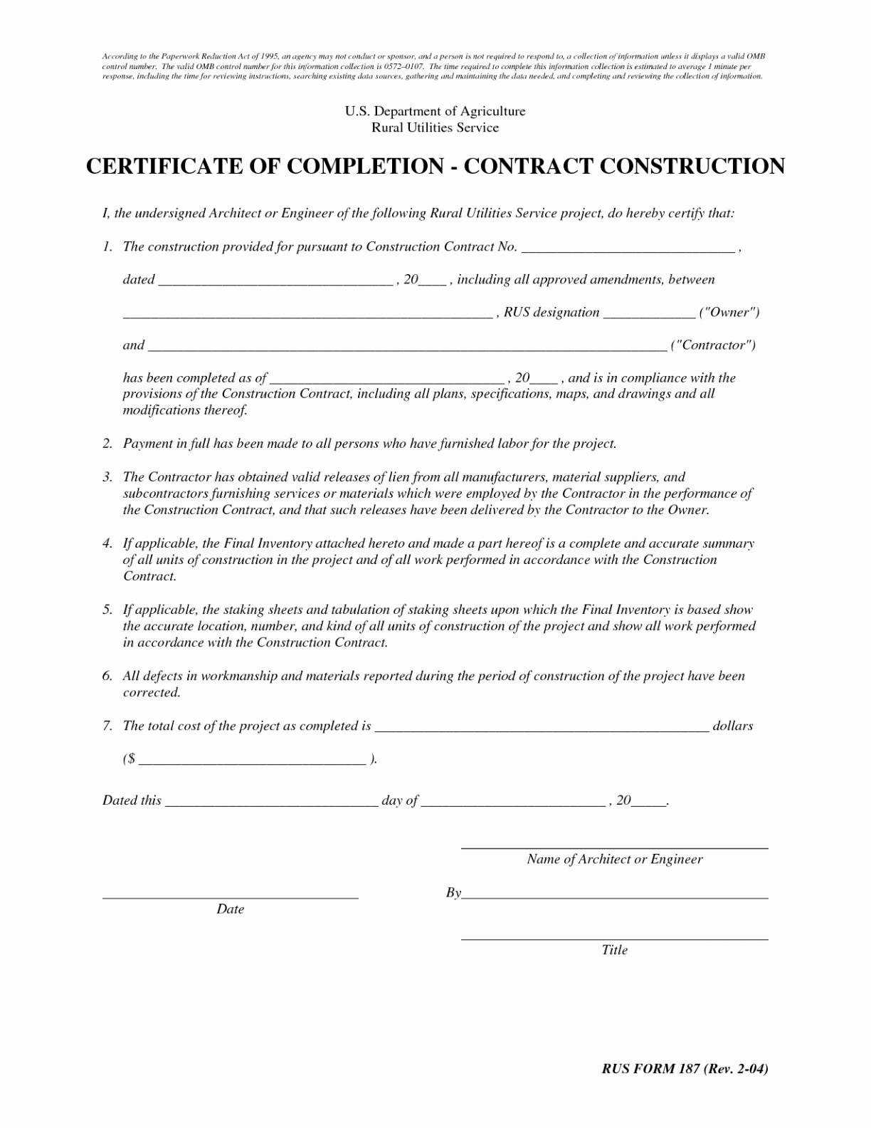 Certificate Of Completion Construction Sample Cool Letter Regarding Certificate Of Substantial Completion Template