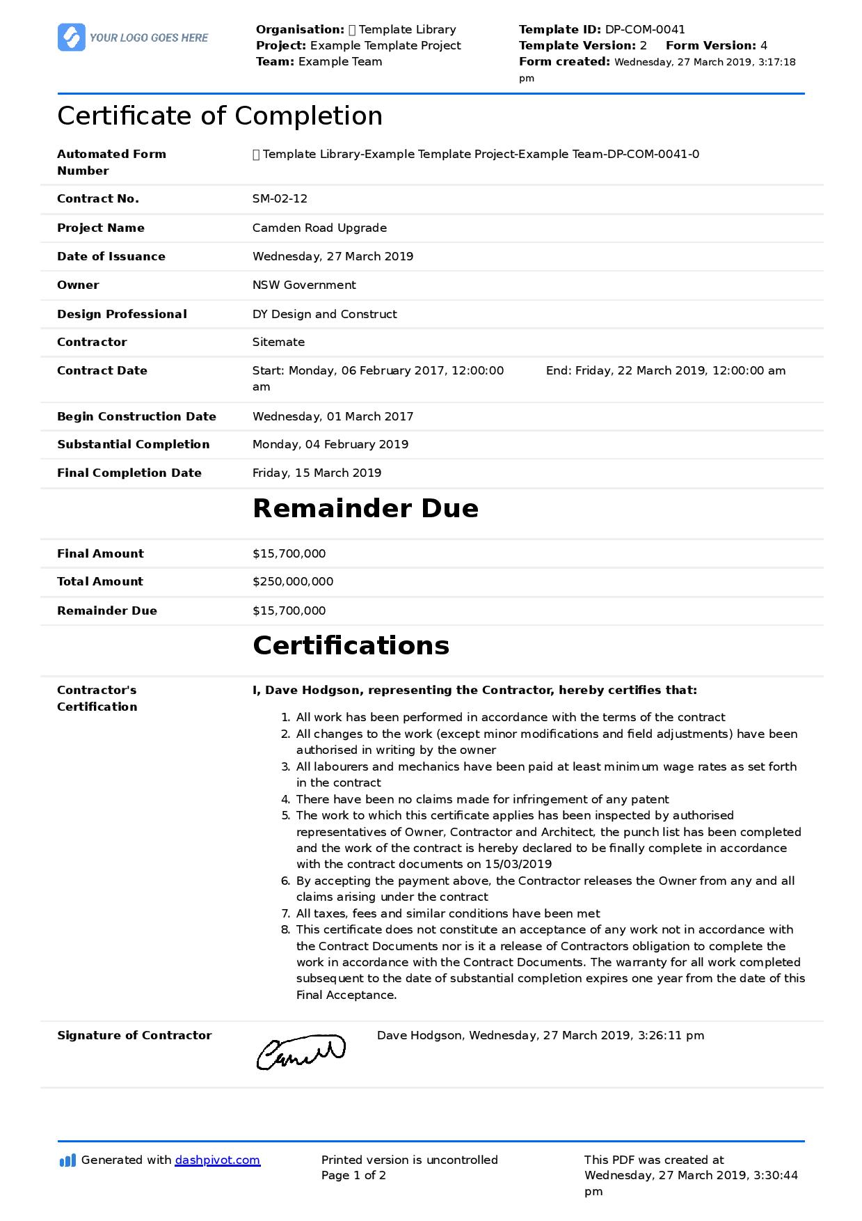 Certificate Of Completion For Construction (Free Template + Inside Certificate Of Acceptance Template