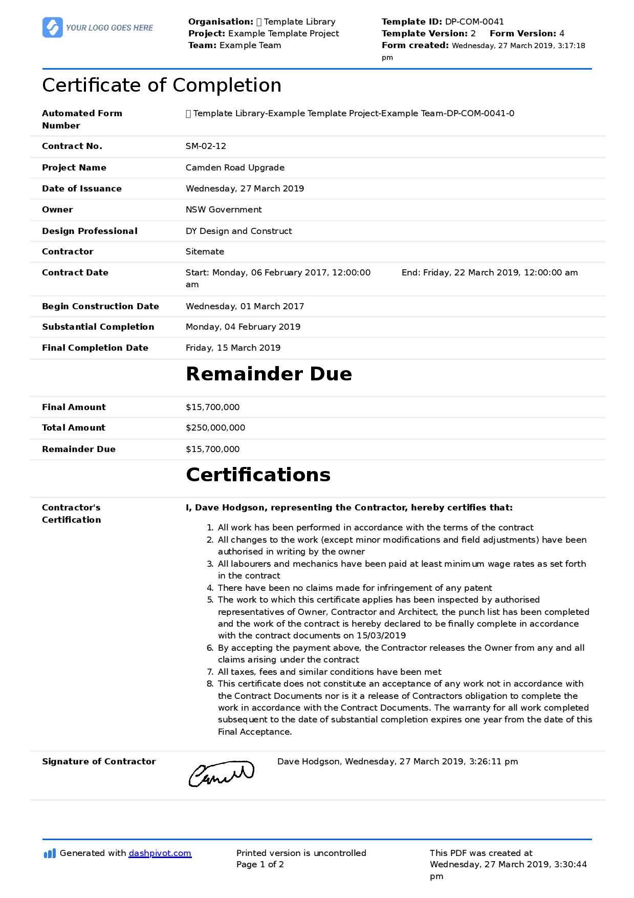 Certificate Of Completion For Construction (Free Template + Within Certificate Of Completion Template Construction