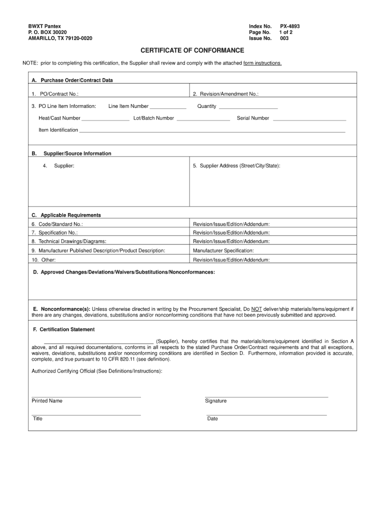 Certificate Of Conformance Template – Fill Online, Printable For Certificate Of Conformance Template Free