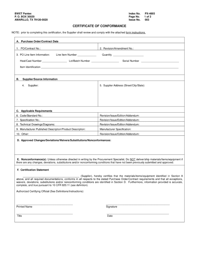 Certificate Of Conformance Template – Fill Online, Printable Regarding Certificate Of Conformity Template