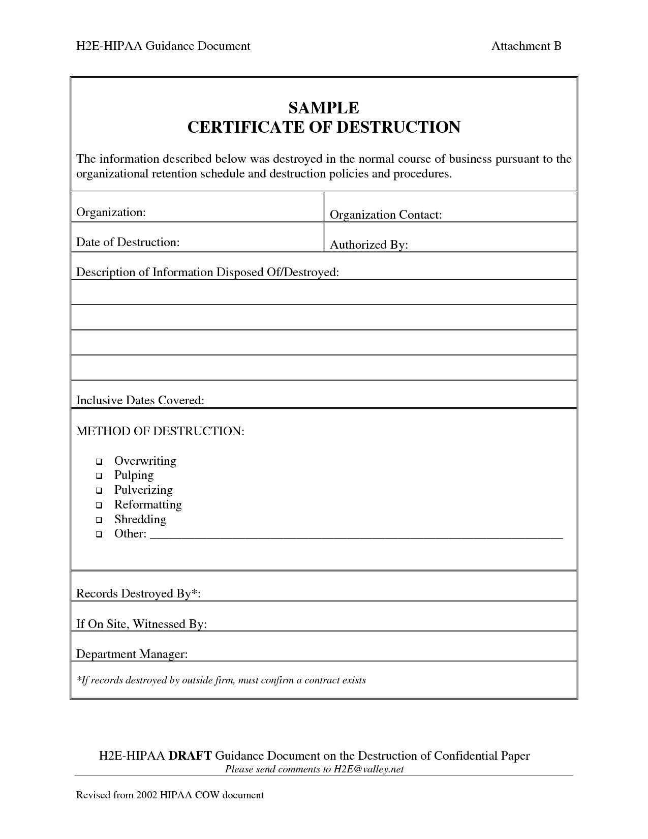 Certificate Of Destruction Template | Anti Grav For Hard Drive Destruction Certificate Template